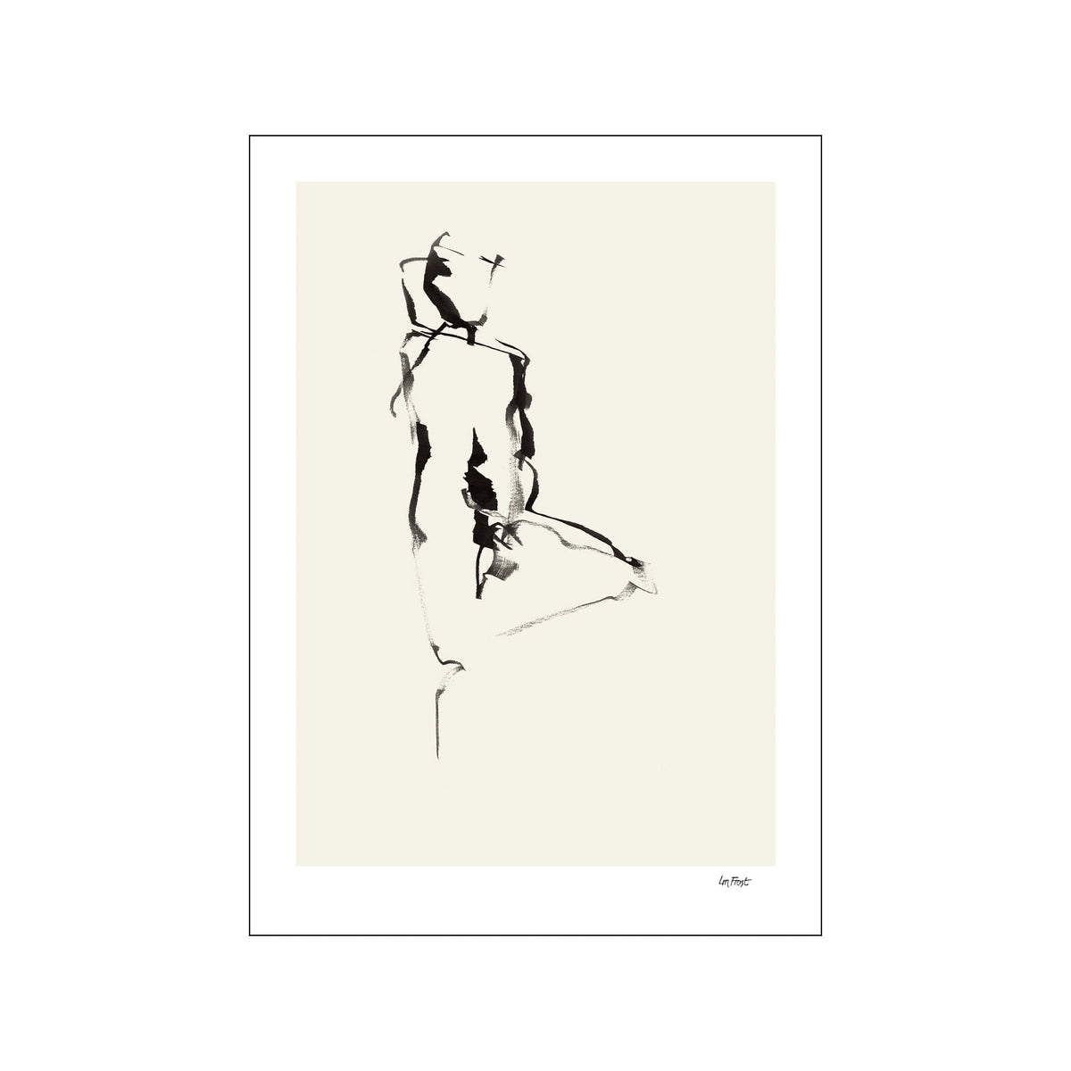 Minimal black ink drawing of a seated female figure on a warm ivory background