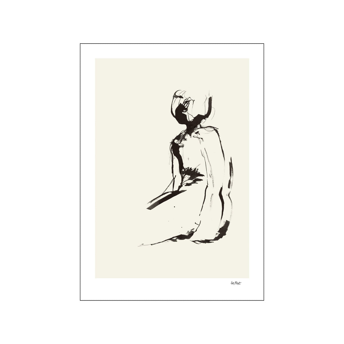 Minimal black ink drawing of a seated female figure on an ivory background