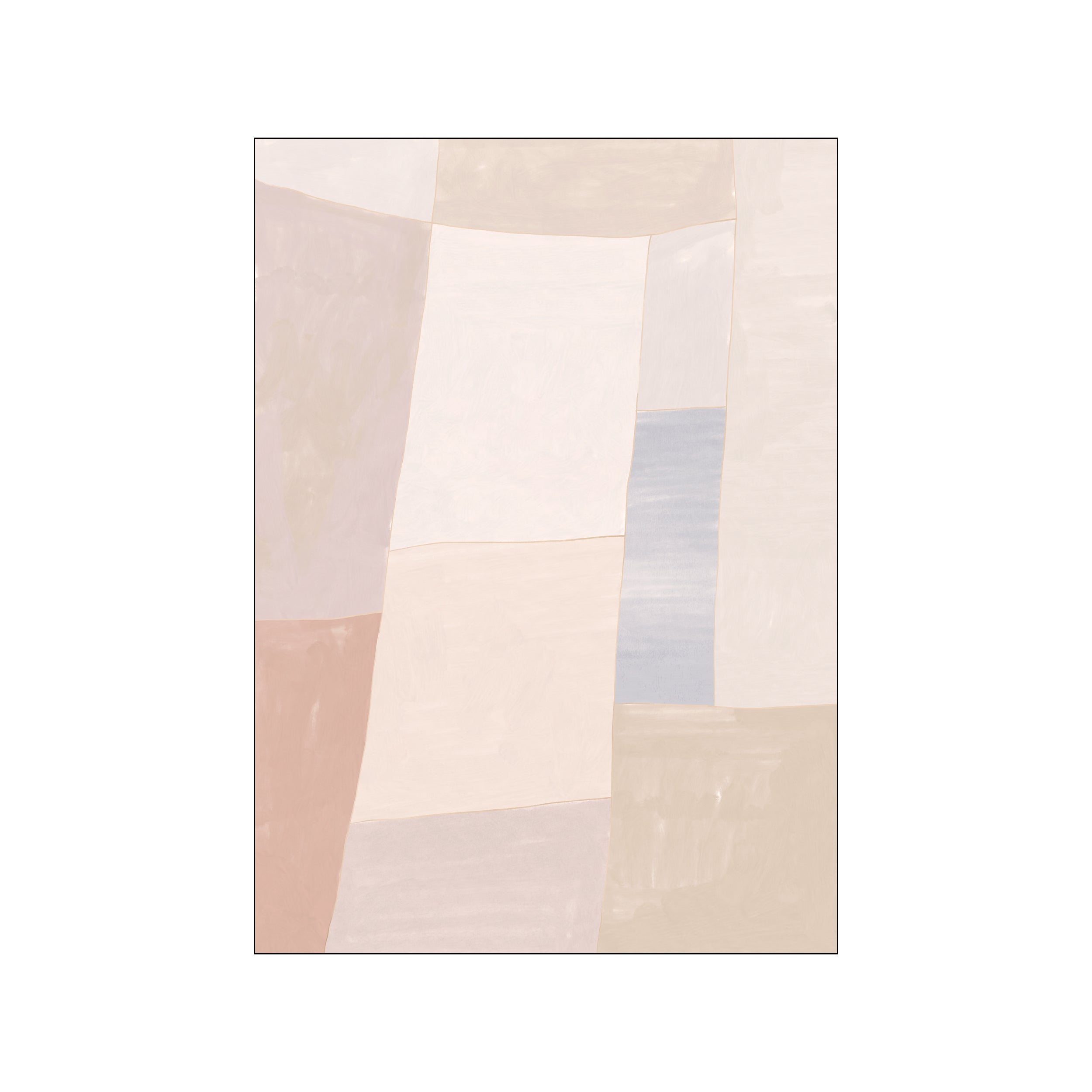 An abstract composition of softened, overlapping geometric shapes in a palette of blush, cream, beige, and a hint of dusty blue, evoking a sense of tranquil elegance.