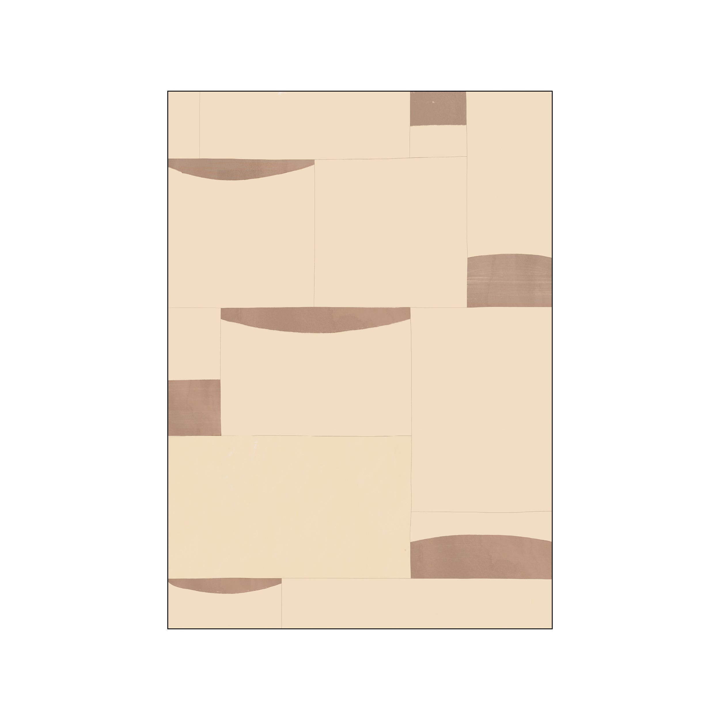 Abstract artwork featuring interlocking rectangular shapes in warm beige and taupe hues, with subtle curved lines and a serene, minimalist aesthetic.