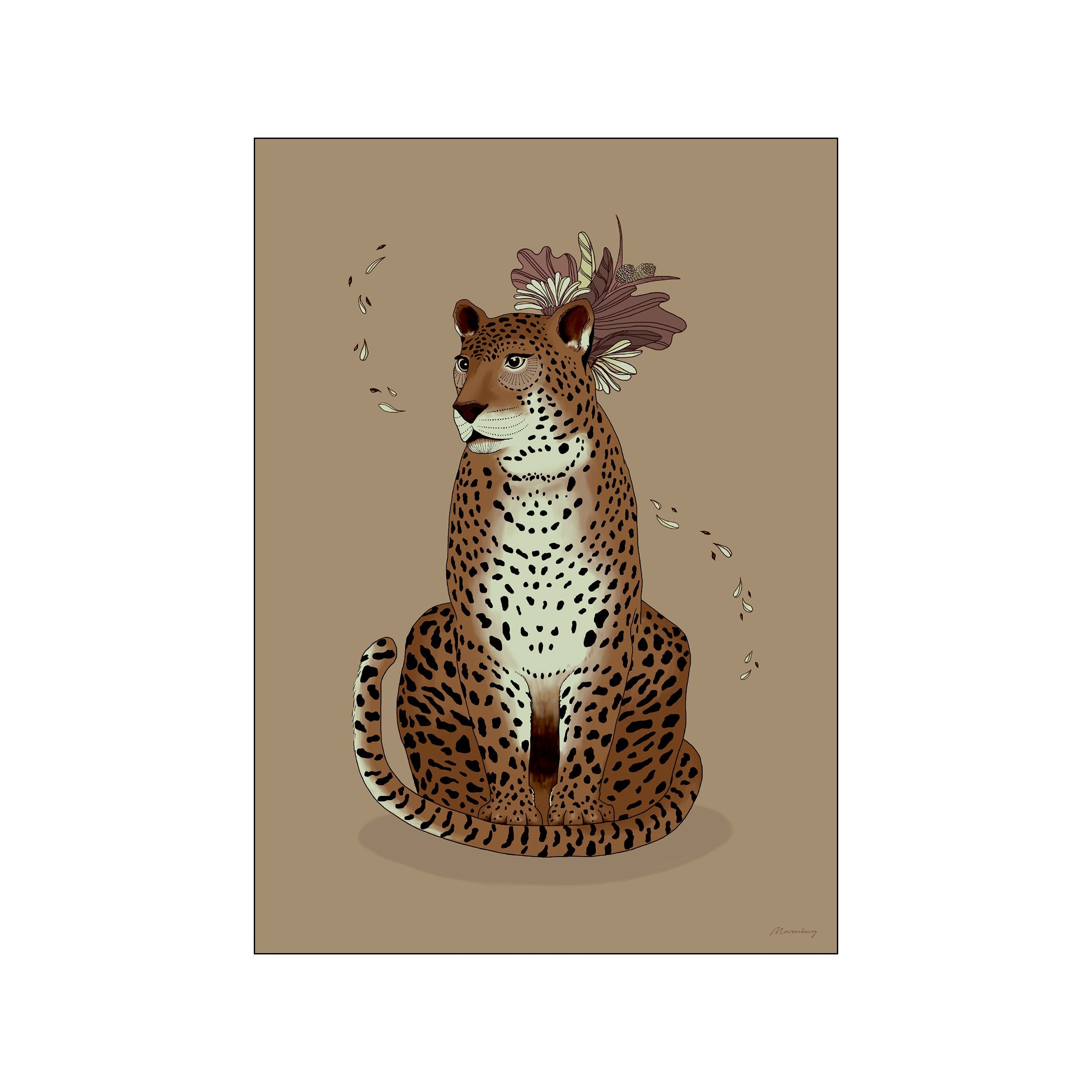 A seated leopard with detailed fur pattern, adorned with muted flowers on its head, against a solid taupe background with scattered petal shapes. Evokes a feeling of calm luxury and natural beauty.