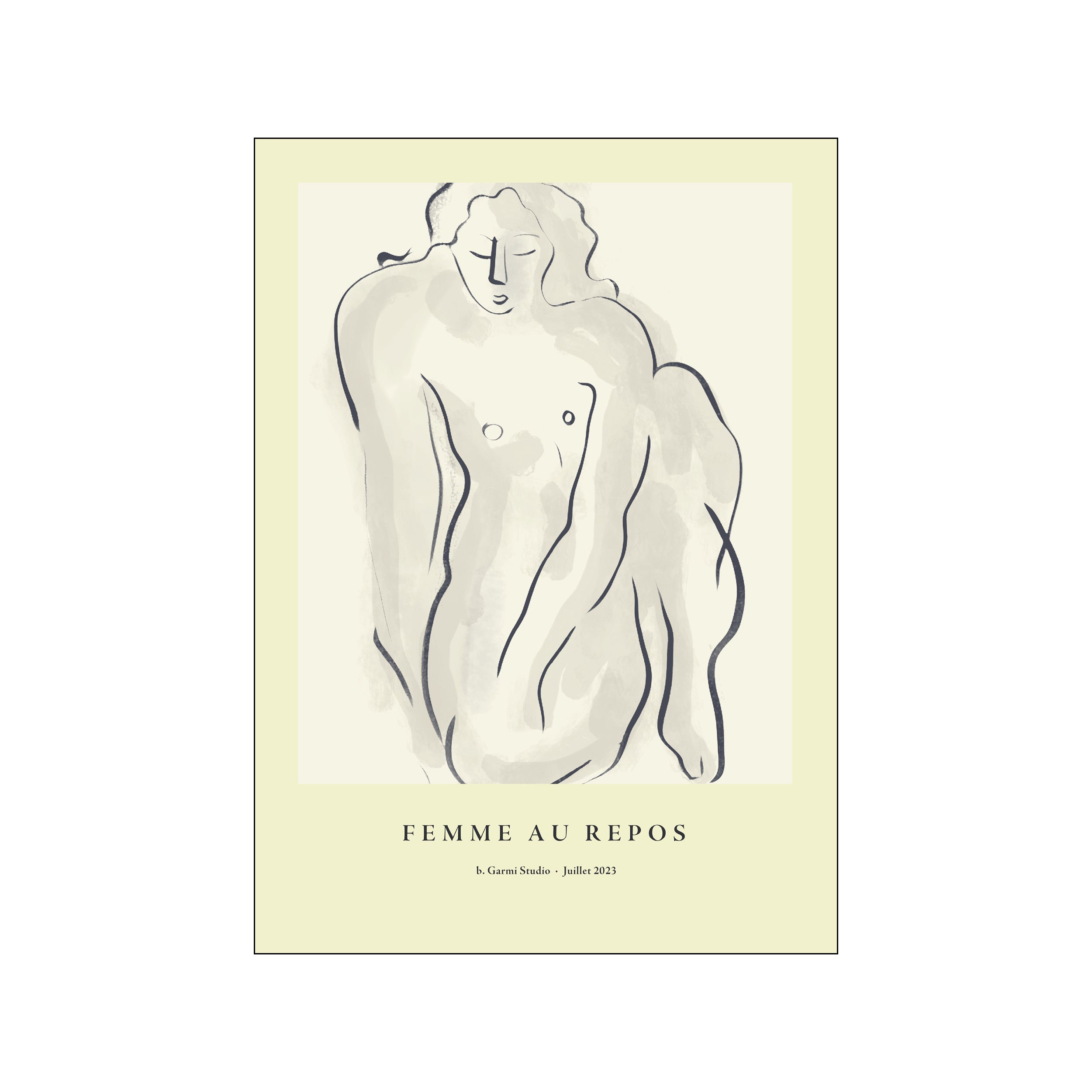 A minimalist sketch of a reclining female figure in black ink and grey wash on a cream background, conveying a sense of peaceful rest and artistic simplicity.