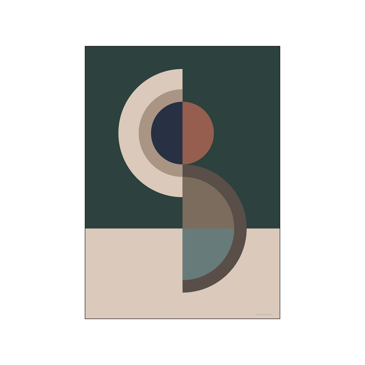 Abstract geometric print with overlapping circles in deep green, beige, navy, and clay tones