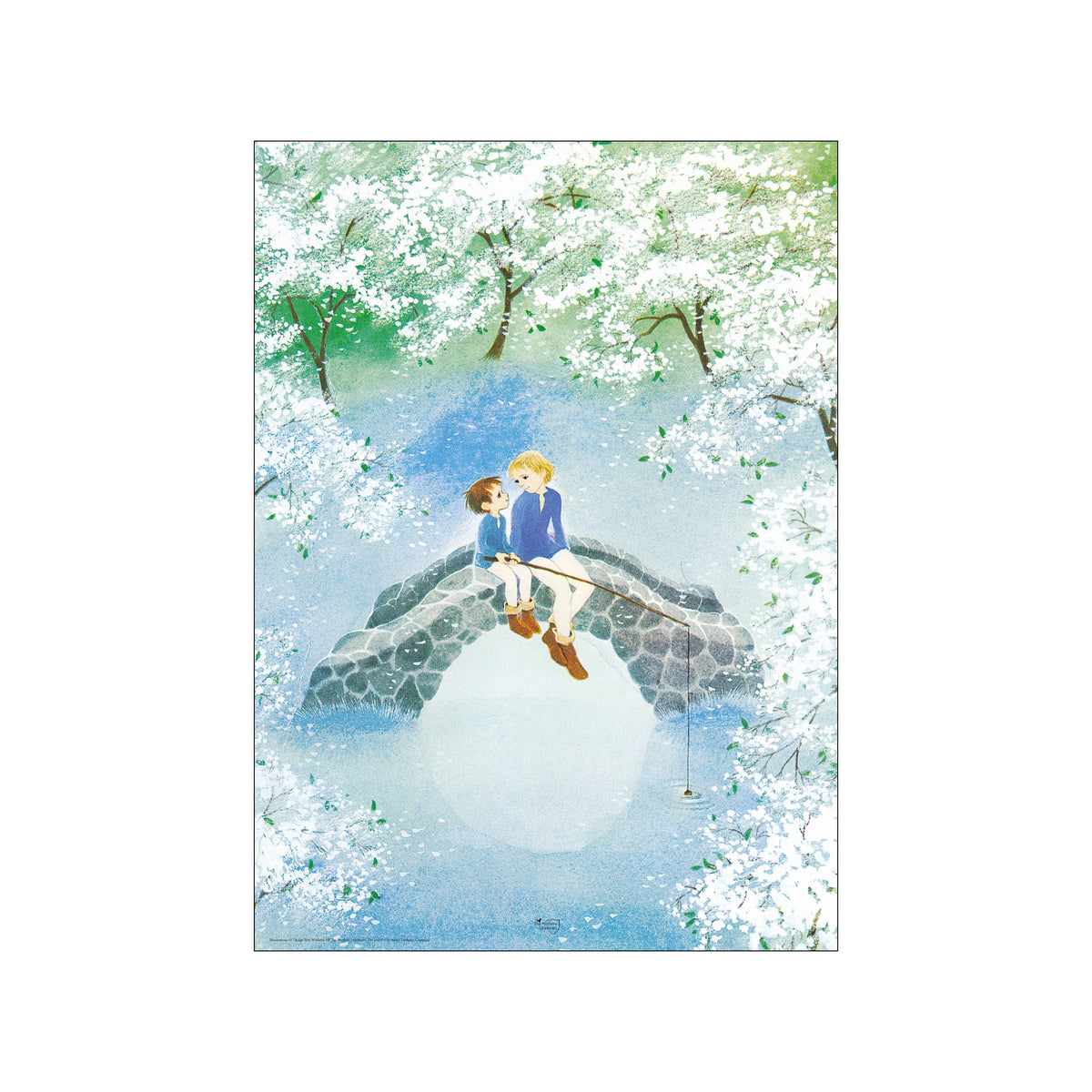 Two boys sitting on a stone bridge beneath white blossoms in a soft blue forest