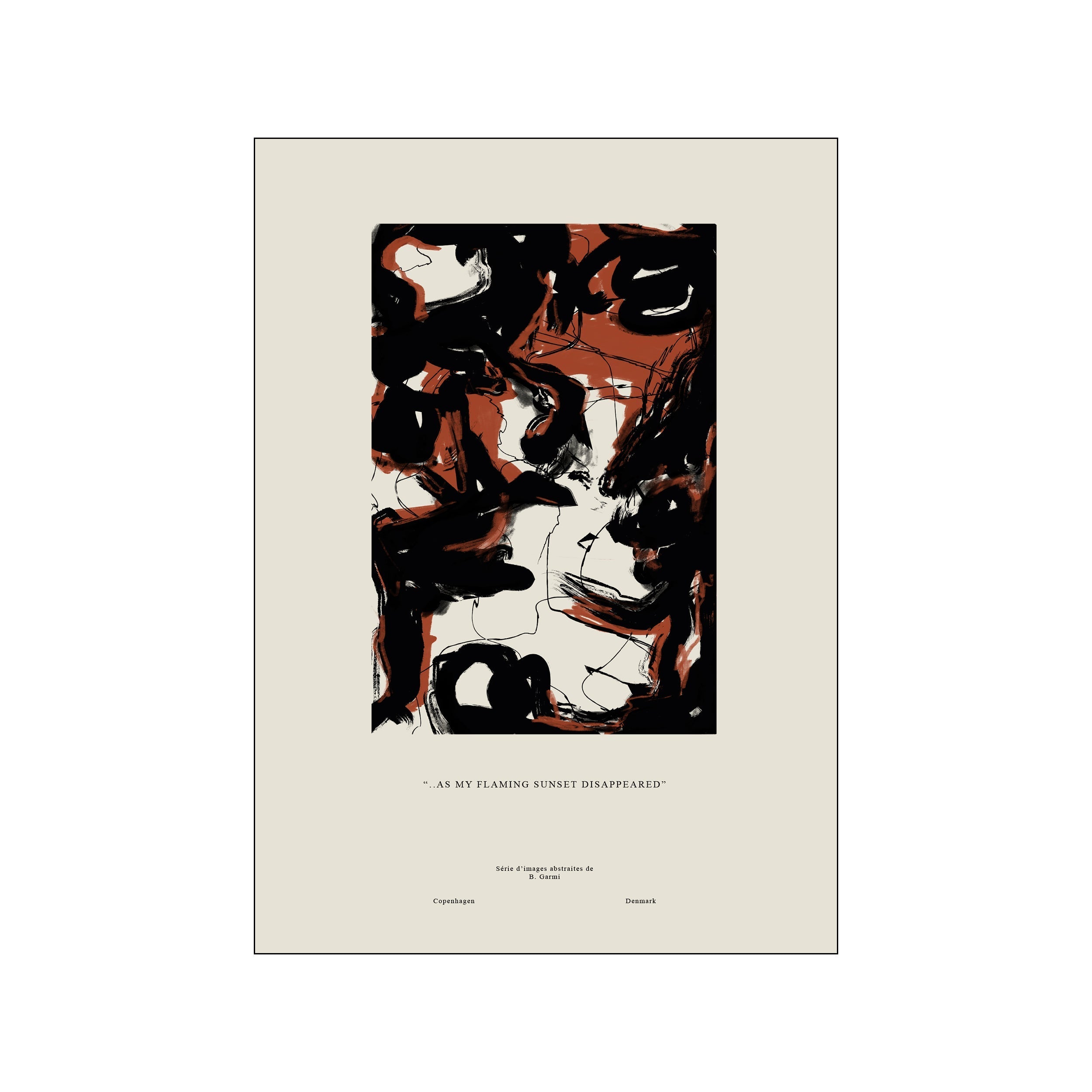 An abstract composition featuring bold, energetic brushstrokes in deep black and fiery rust orange against a creamy background, conveying a sense of movement and dramatic flair.