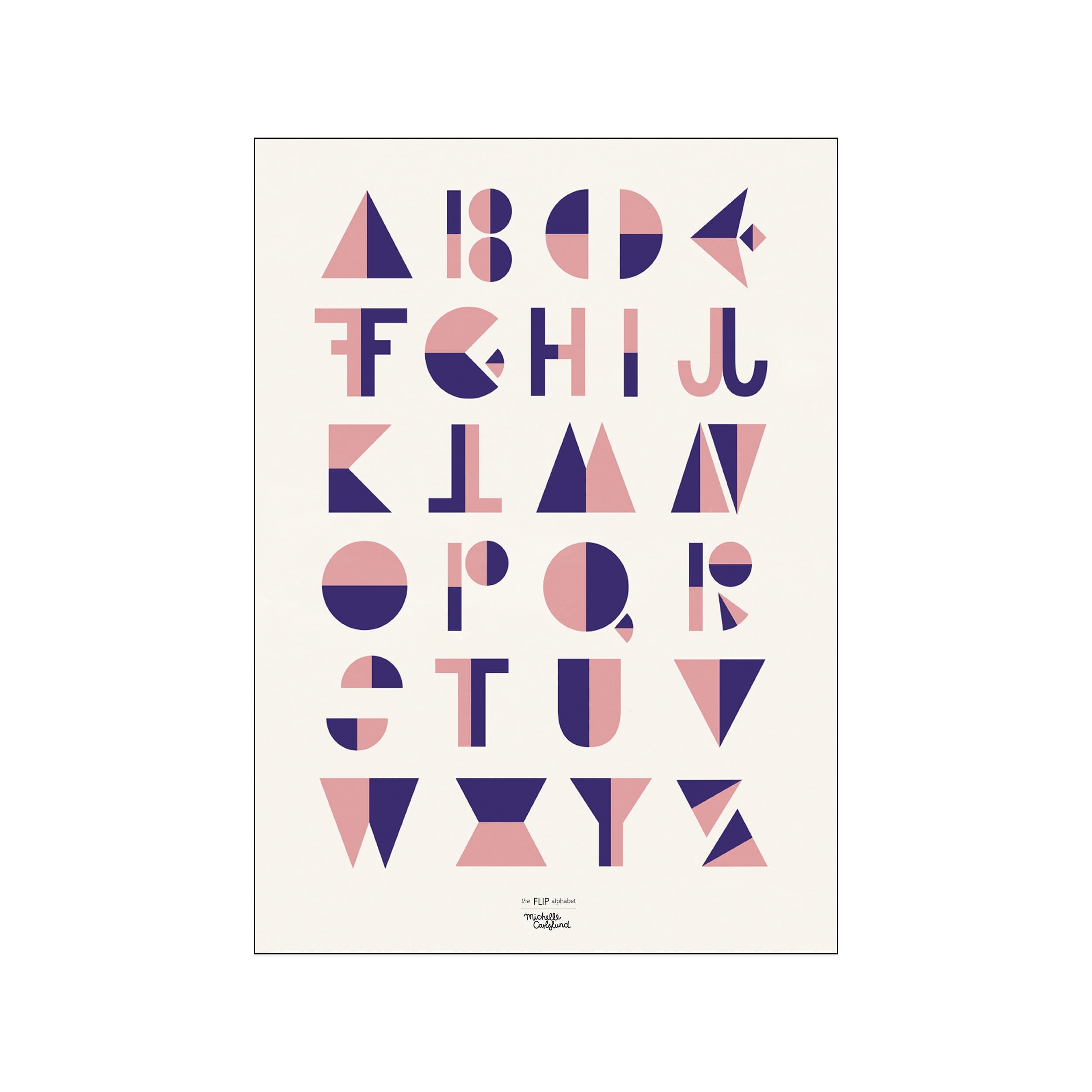 Geometric alphabet letters in blush pink and navy blue on a cream background, evoking a playful, modern, and educational vibe for a child's room or gallery wall.
