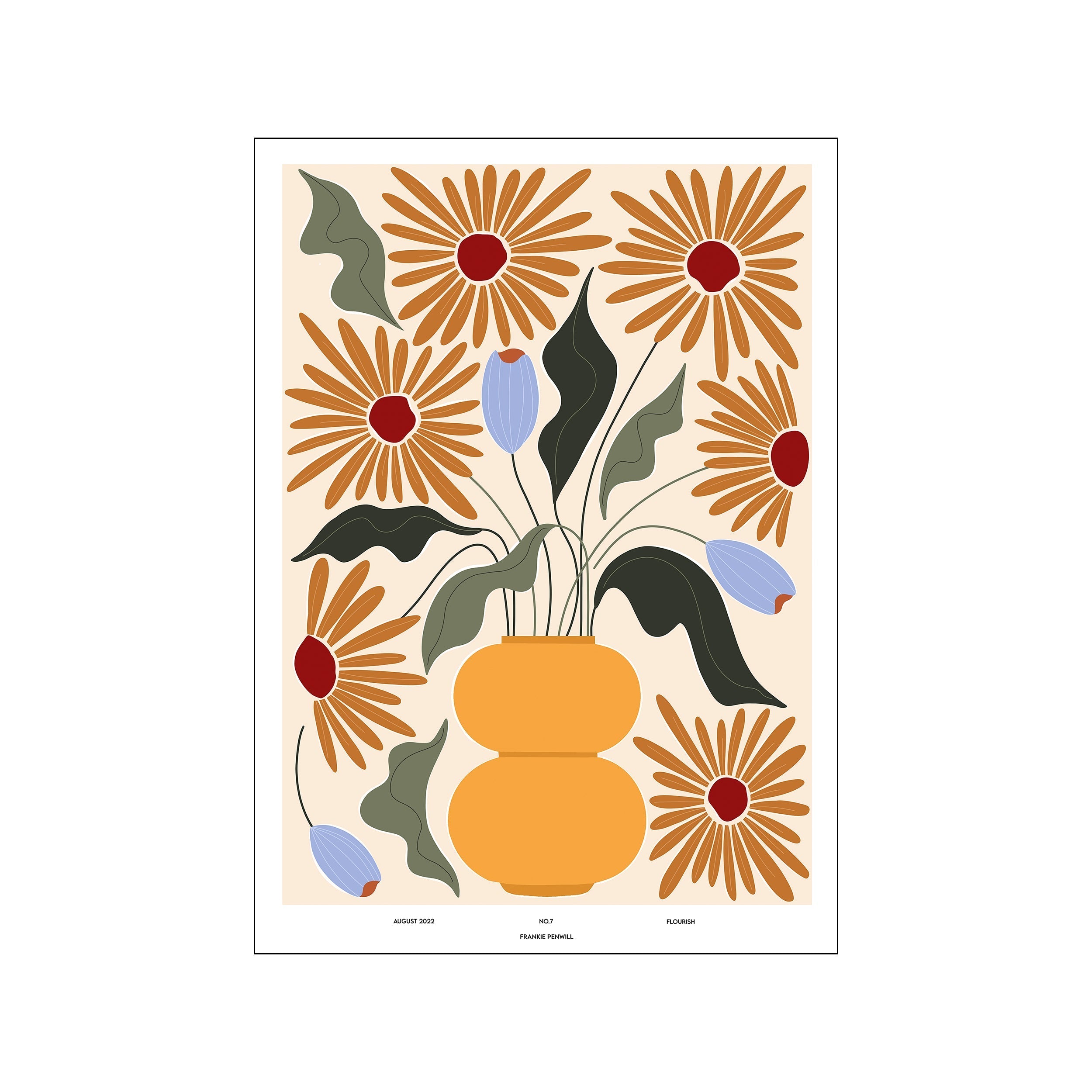 A whimsical arrangement of abstract flowers and leaves in warm terracotta, muted blue, and deep green shades, set against a soft cream background, displayed in a rounded golden vase.