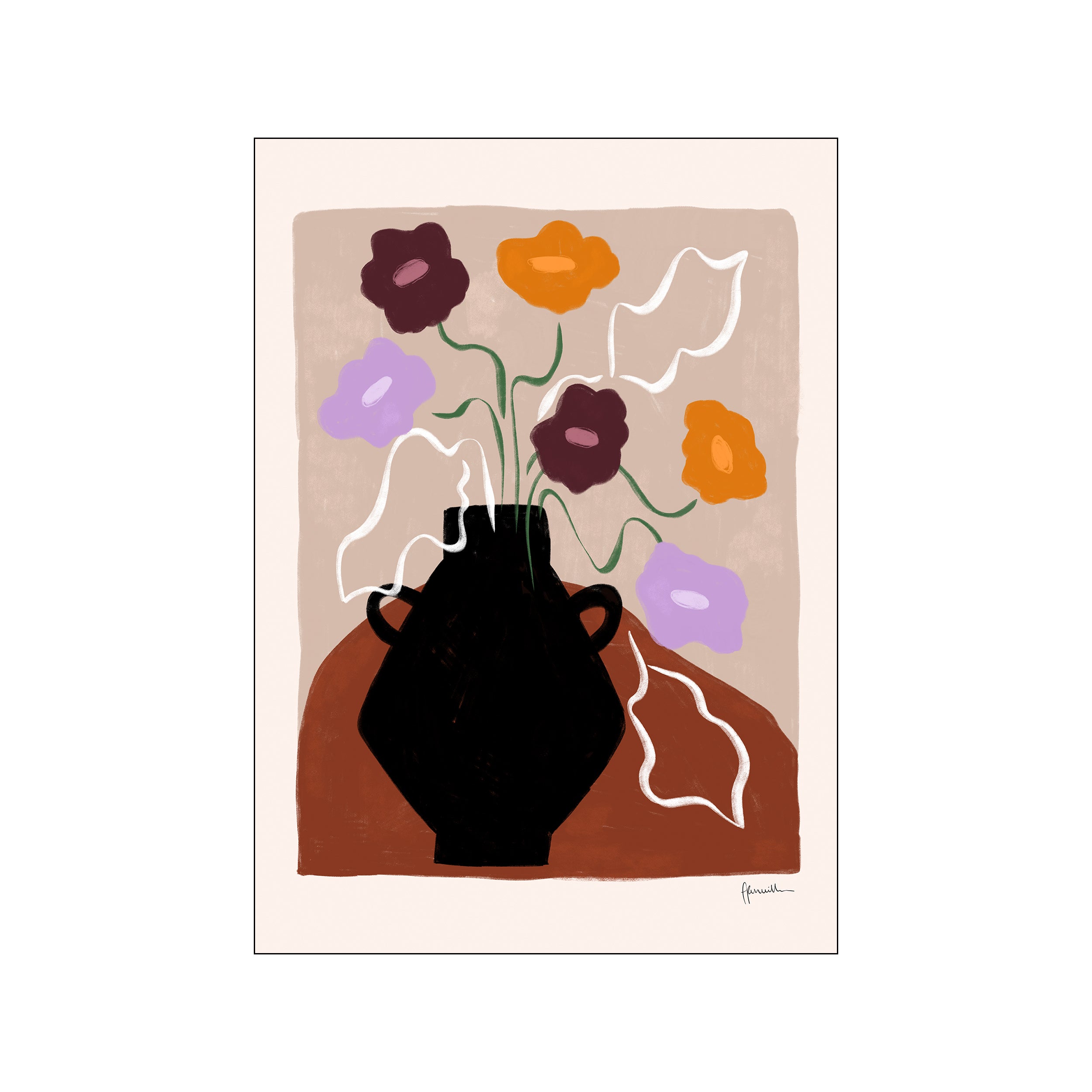 A still life illustration of petunia flowers in a black vase. The artwork features a palette of deep plum, warm orange, soft lavender, and terracotta against a cream background, with flowing white lines.