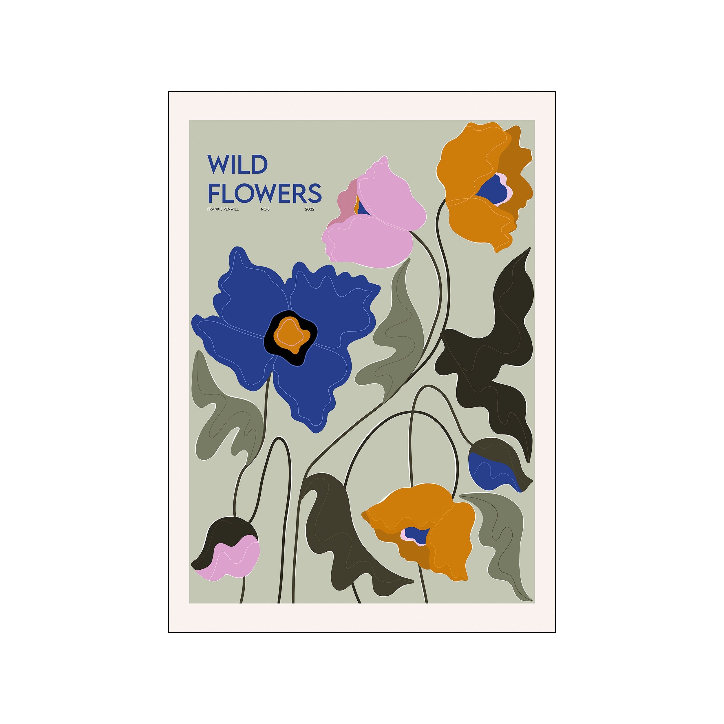 Abstract artwork featuring stylized wild flowers in bold shapes and a muted color palette of green, blue, orange, and pink, with thin black lines suggesting stems.