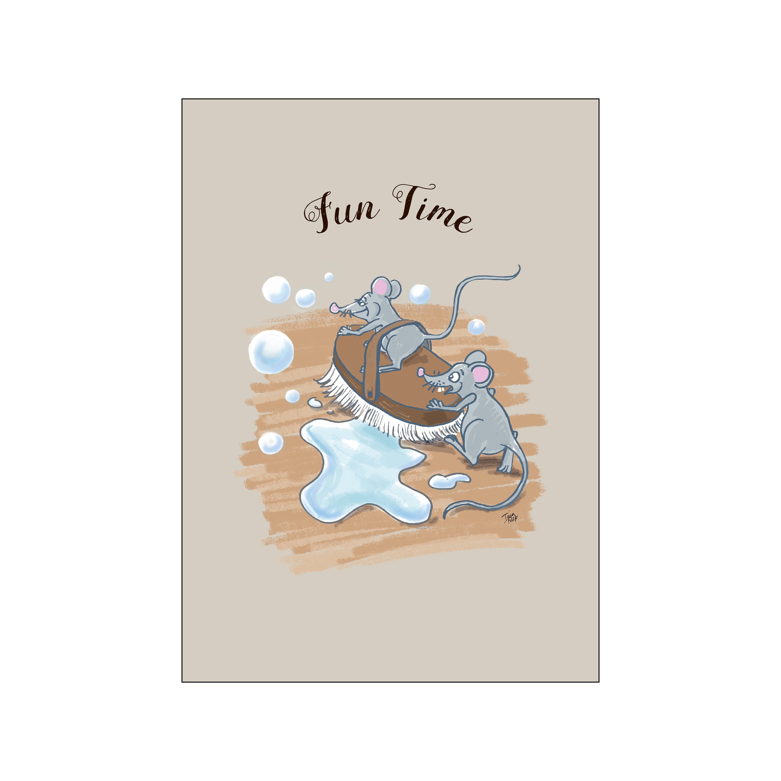 A charming illustration titled 'Fun Time' features two cartoon mice joyfully scrubbing with a brush amidst water splashes and bubbles. The artwork has a muted palette with warm earth tones and soft blues, creating a.