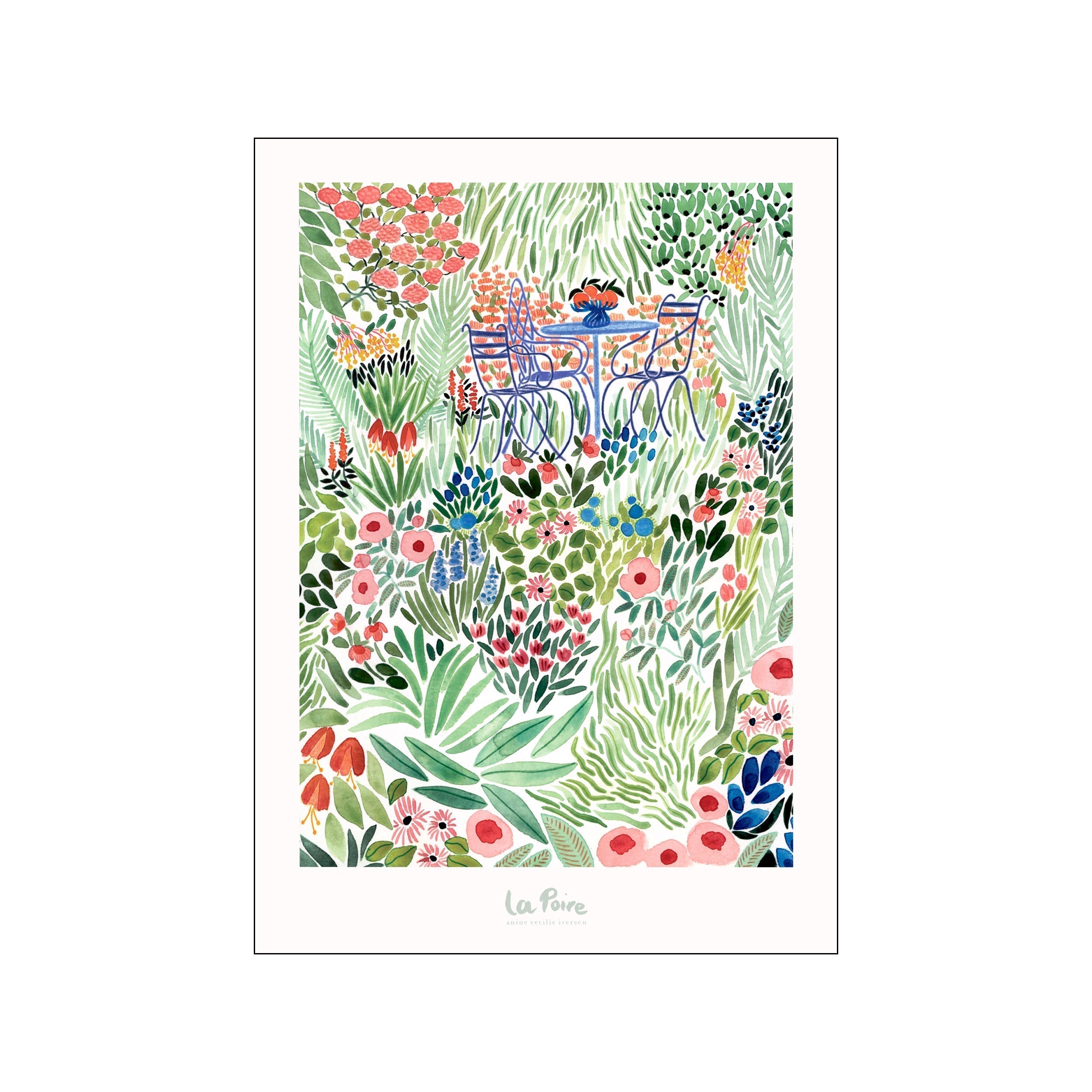 A watercolor painting of a lush garden filled with various flowers and greenery, featuring a blue wrought-iron bistro table and chairs set amidst the blooms. The palette includes soft pinks, corals, blues, and greens.