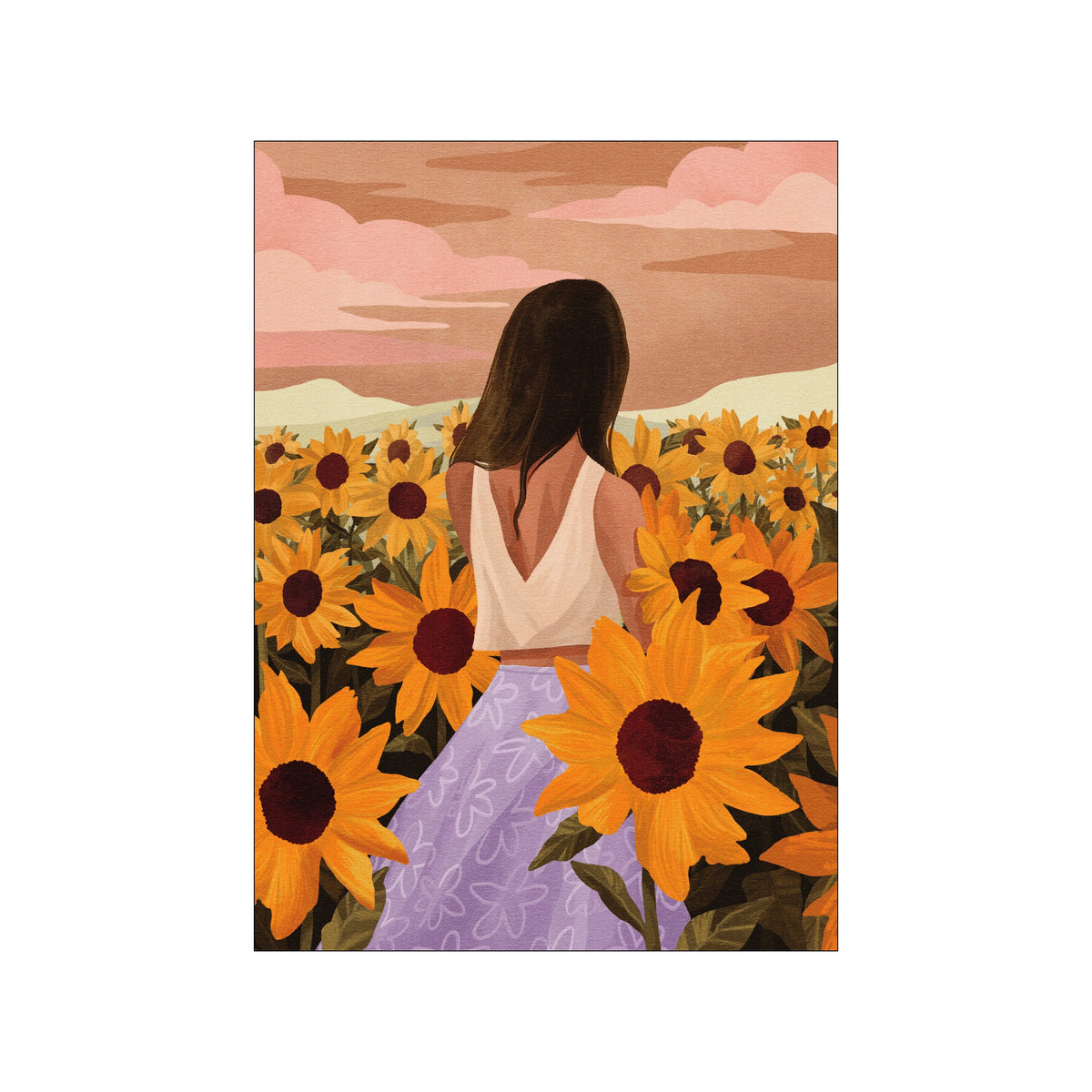 Woman in a light purple skirt stands in a sunflower field beneath a pink sunset sky
