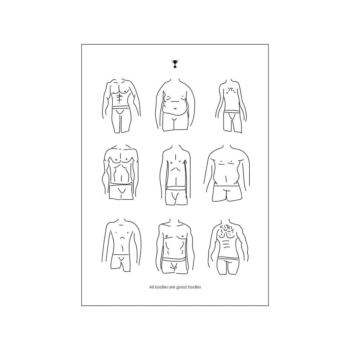 Minimal black line drawing of nine male torsos with body-positive caption on white background