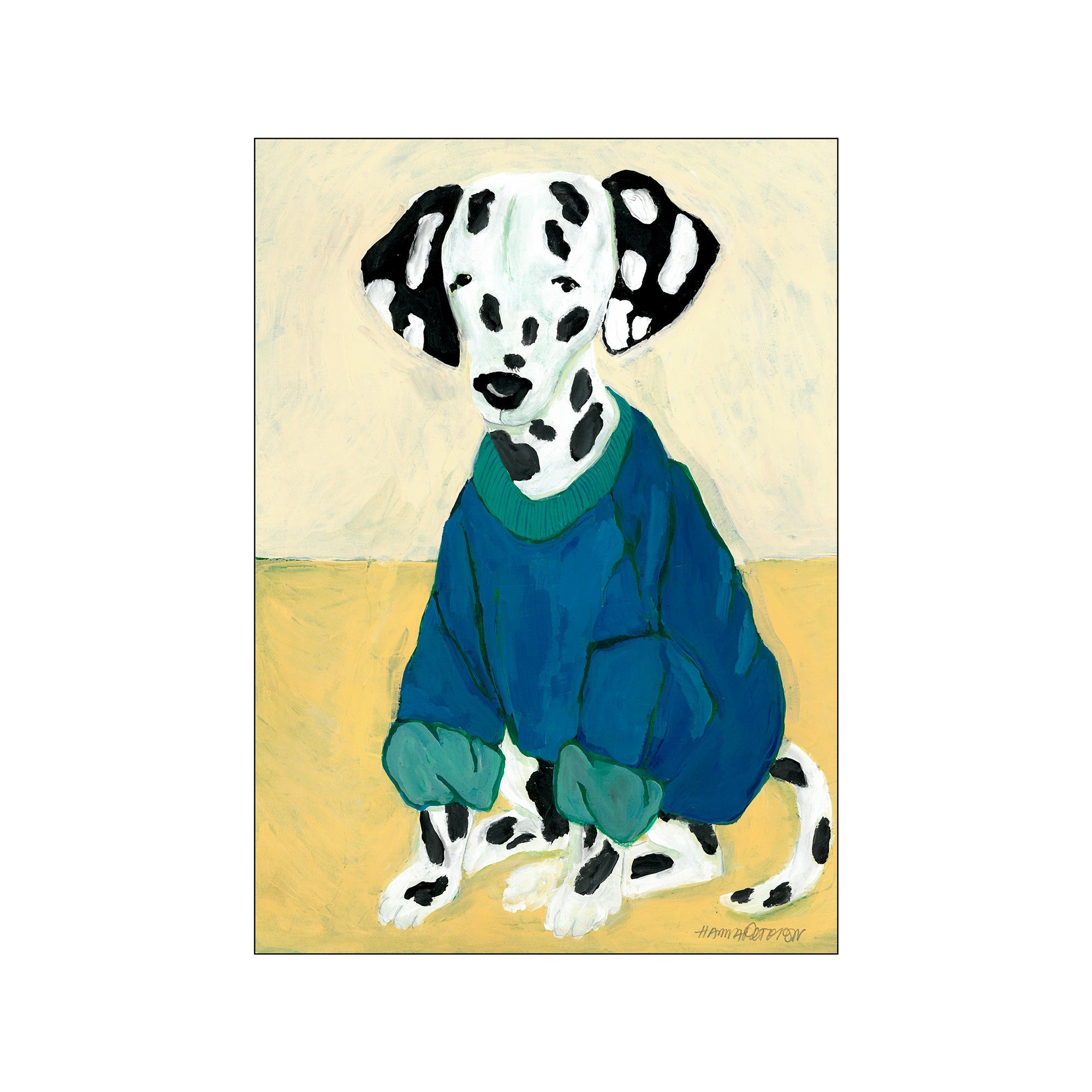An expressive painting of a Dalmatian dog wearing a blue sweater, set against a soft yellow and cream background. The artwork has a cozy, whimsical vibe.