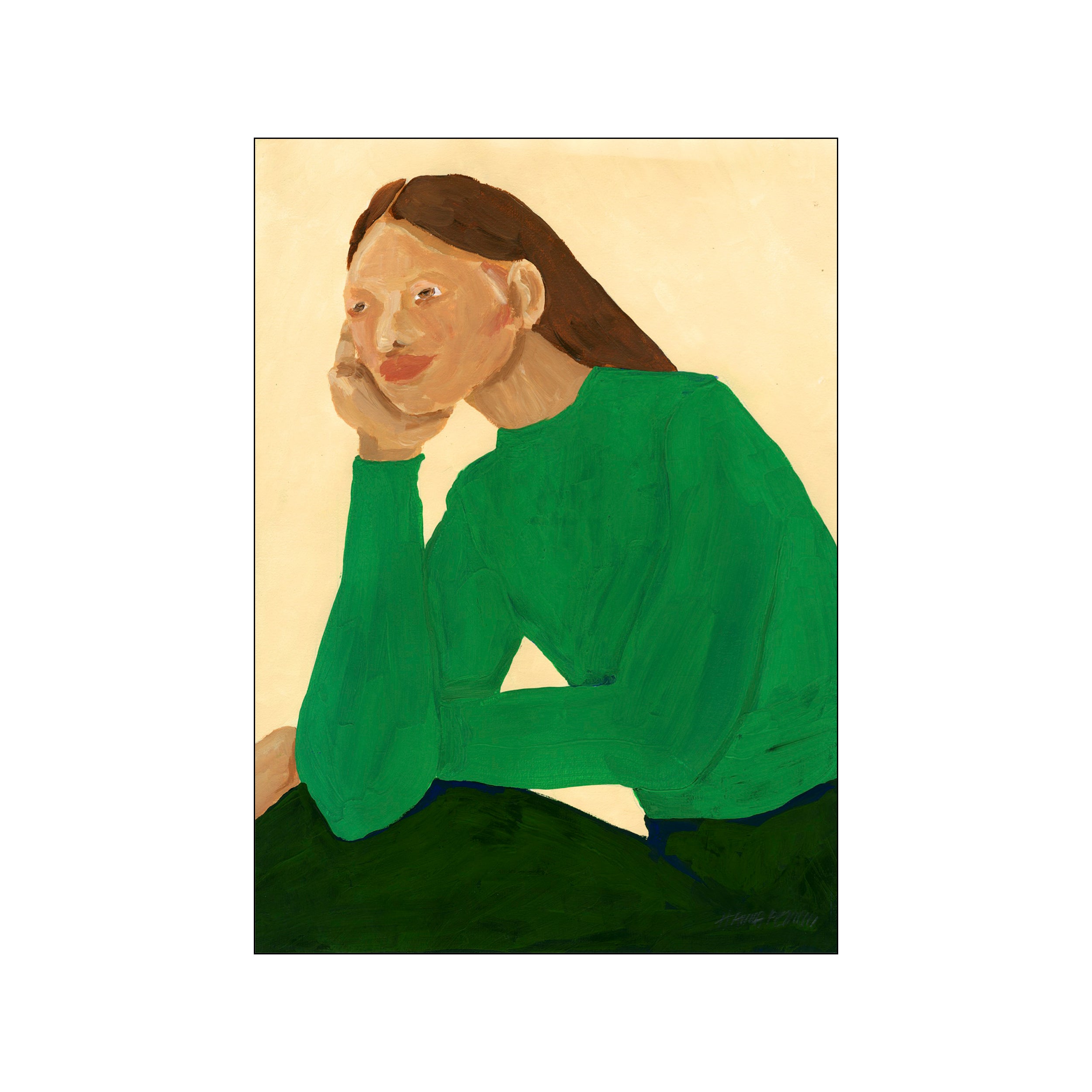 A woman with long brown hair leans her head on her hand, wearing a vibrant green long-sleeved shirt and dark green bottoms against a pale yellow background. Expressive brushstrokes.