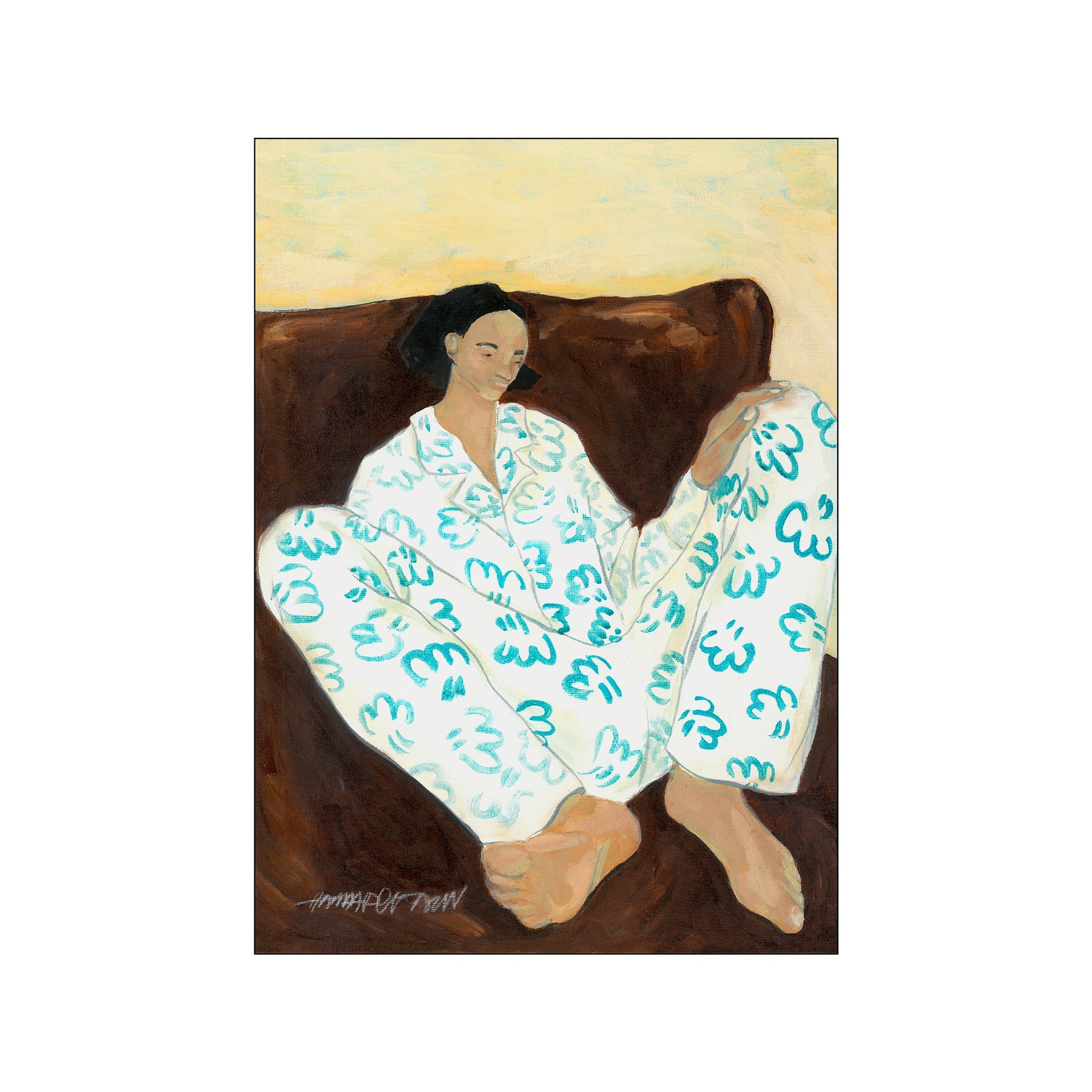 A woman in white pajamas with teal floral patterns sits casually on a dark sofa, bathed in warm light. The artwork exudes a relaxed and peaceful vibe, ideal for a cozy interior.