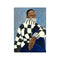 A painting of a person from the chest up, wearing a black and white checkered turtleneck sweater and dark blue pants, with eyes closed and a serene expression. The background is a soft, textured blue.