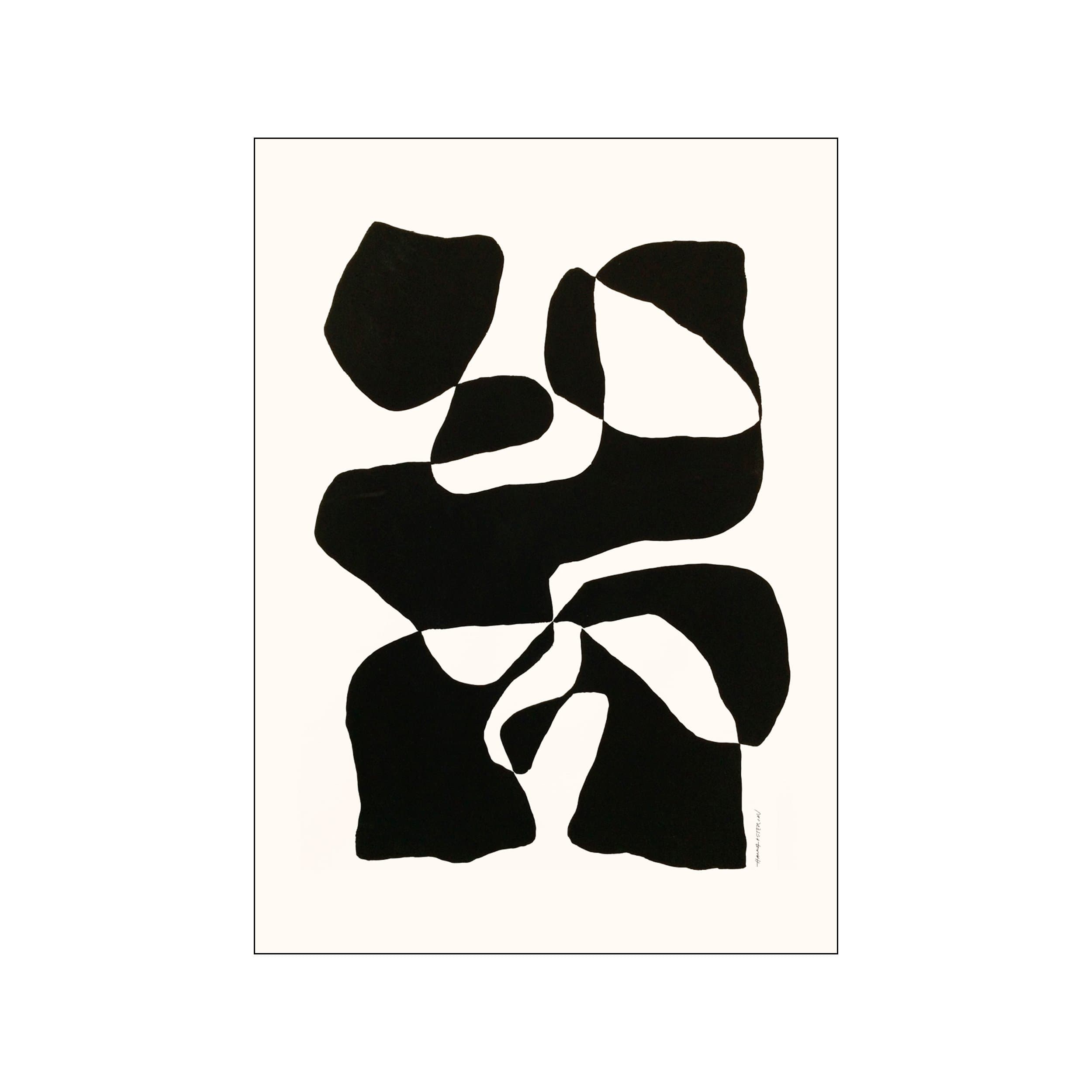 An abstract artwork featuring flowing, organic shapes in bold black against a soft ivory background. The composition suggests a dreamlike landscape or playful figures, evoking a modern, whimsical, and sophisticated vibe.