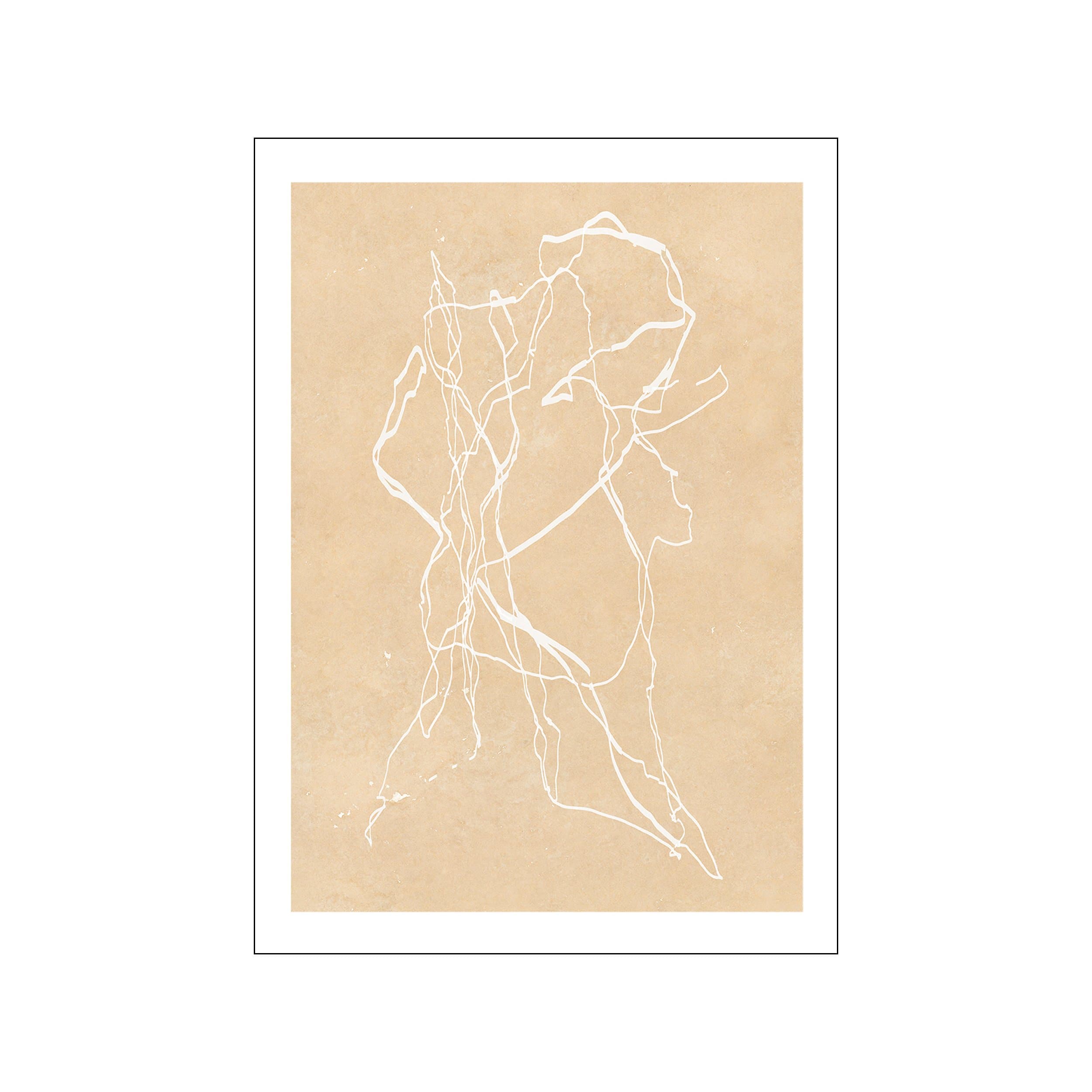 A delicate abstract composition of swirling white lines on a textured, sandy-beige background, evoking a sense of spontaneous movement and artistic flow.