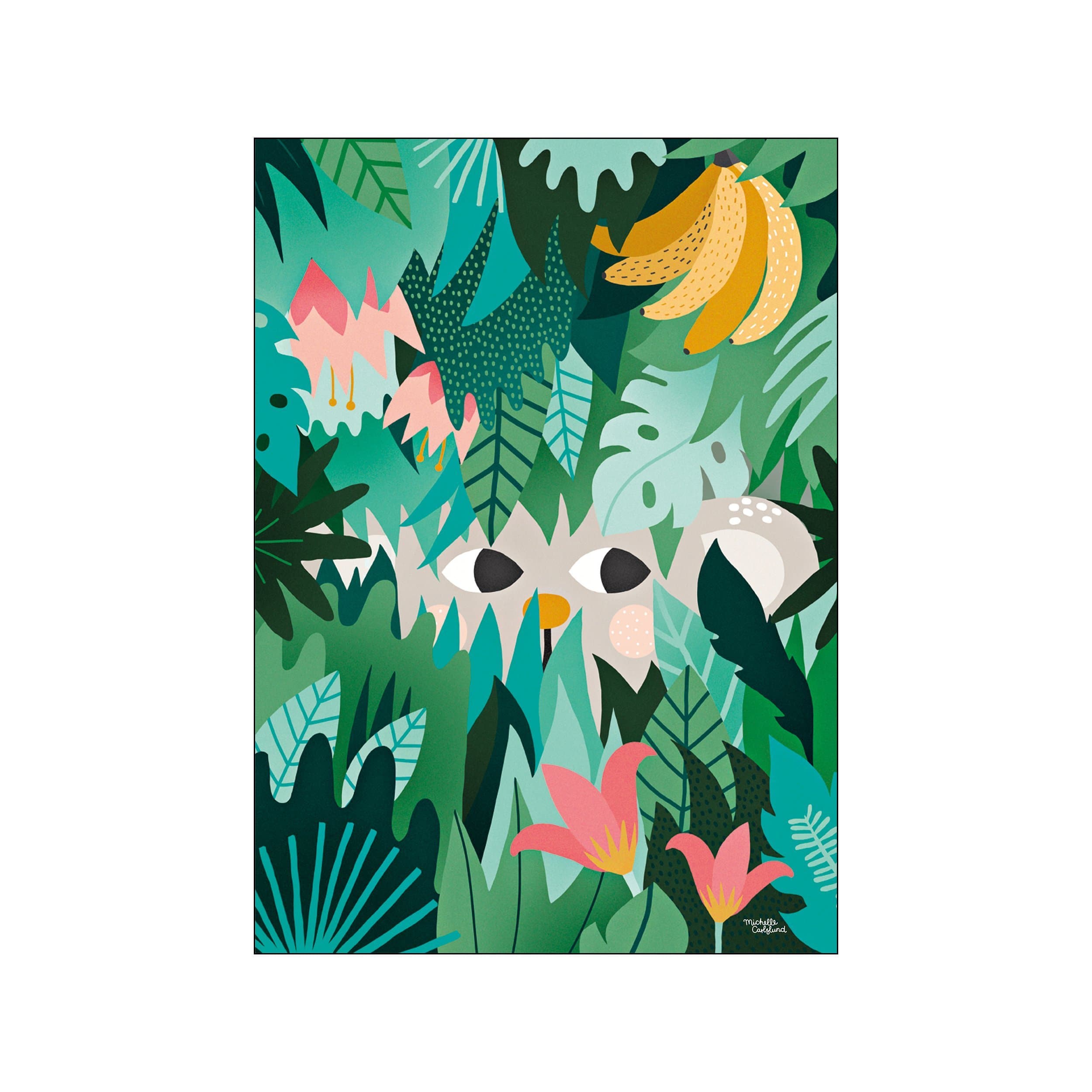 A playful art piece depicting a curious pair of large grey eyes peering through dense, stylized green jungle leaves, with pink flowers and yellow bananas scattered throughout.