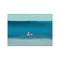 Two figures wade into calm, blue ocean waters under a pale sky, evoking a sense of peace and summer serenity. The artwork features a gradient of blues and aquas.