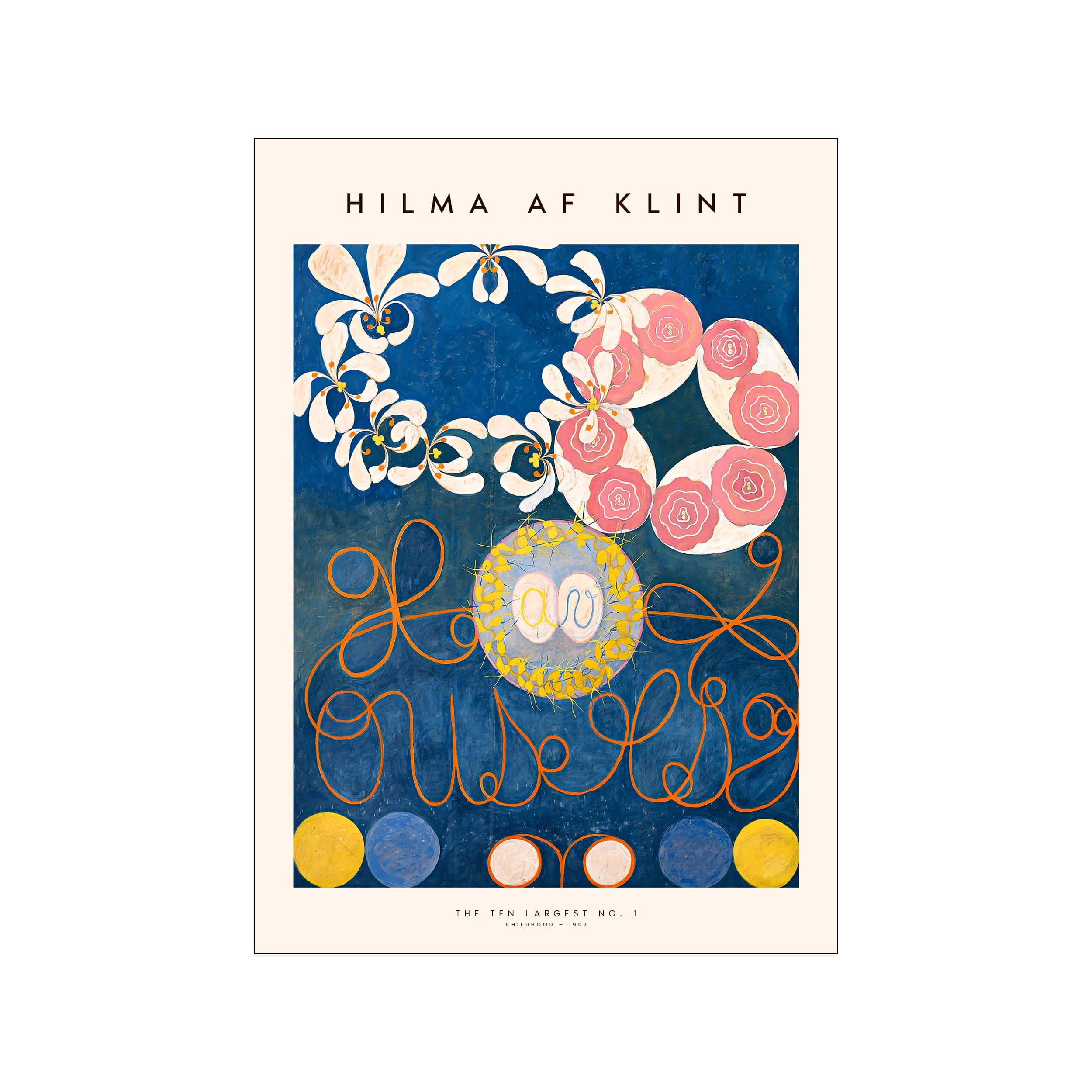 Hilma af Klint abstract floral poster with deep blue background, cream forms, pink circles, and orange lines