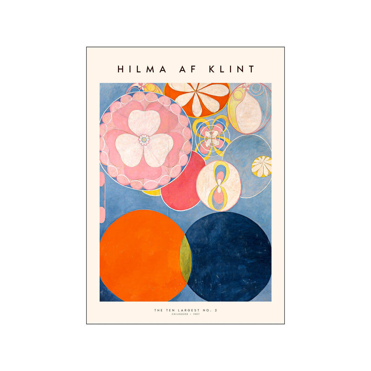 Hilma af Klint abstract print with pink floral circles, orange and navy forms