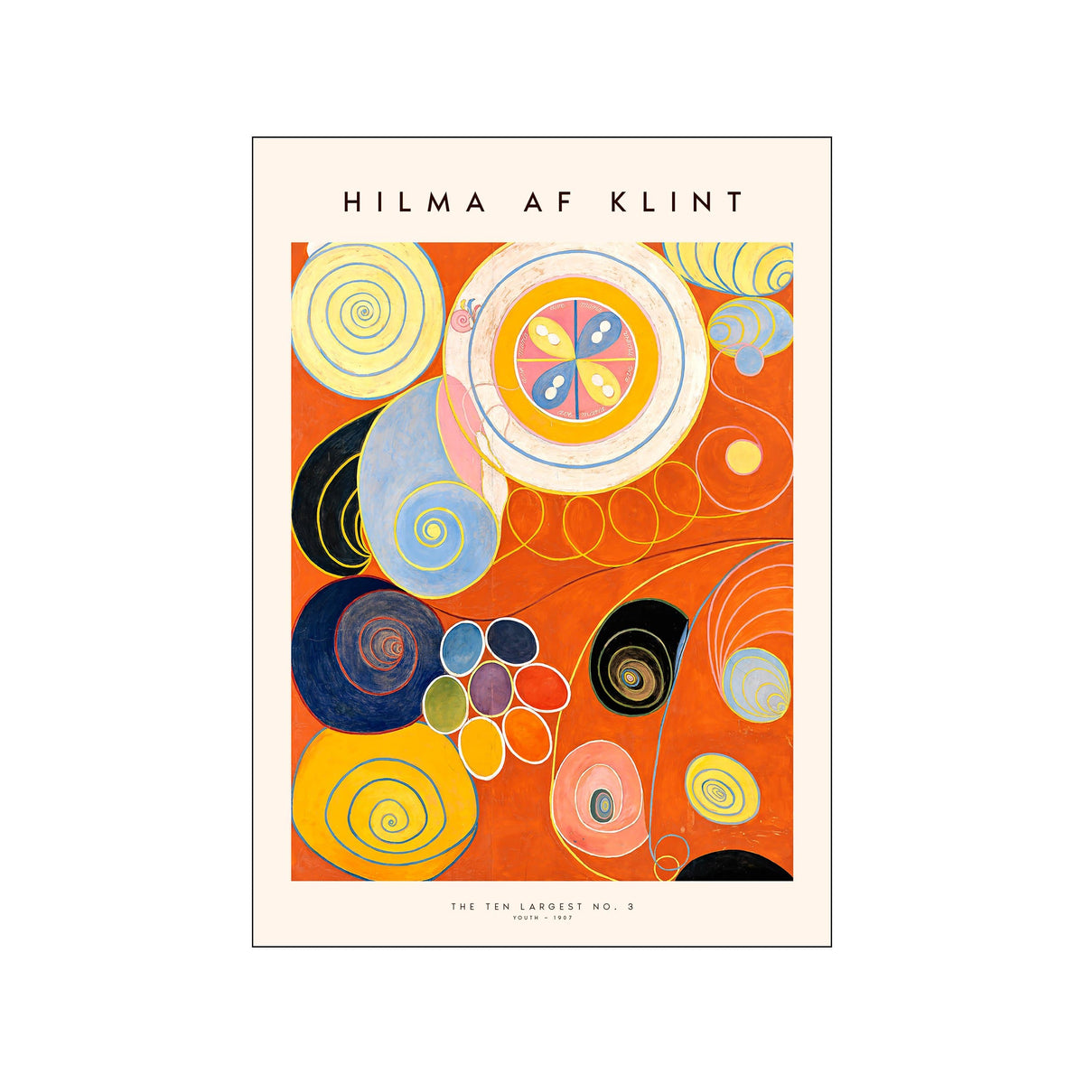 Hilma af Klint abstract poster with orange ground, concentric circles, and spiral forms