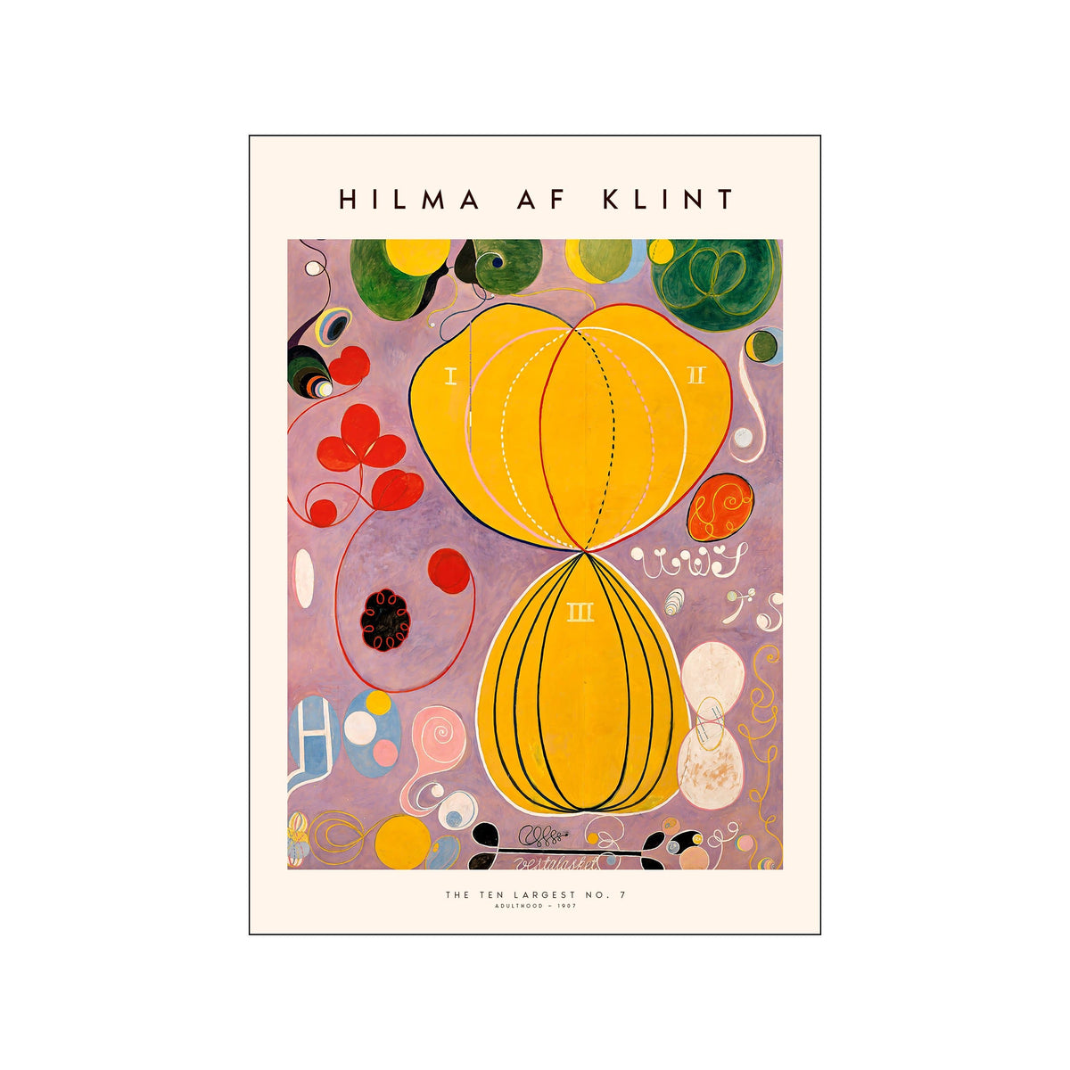 Hilma af Klint abstract poster with yellow forms, green circles, and lilac background