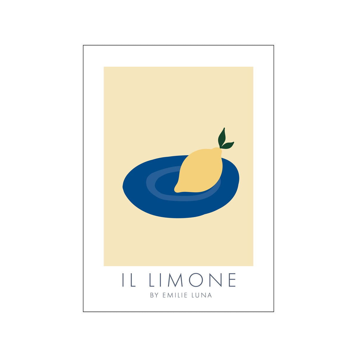 Minimal lemon still life with blue dish and pale yellow background, titled Il Limone 01