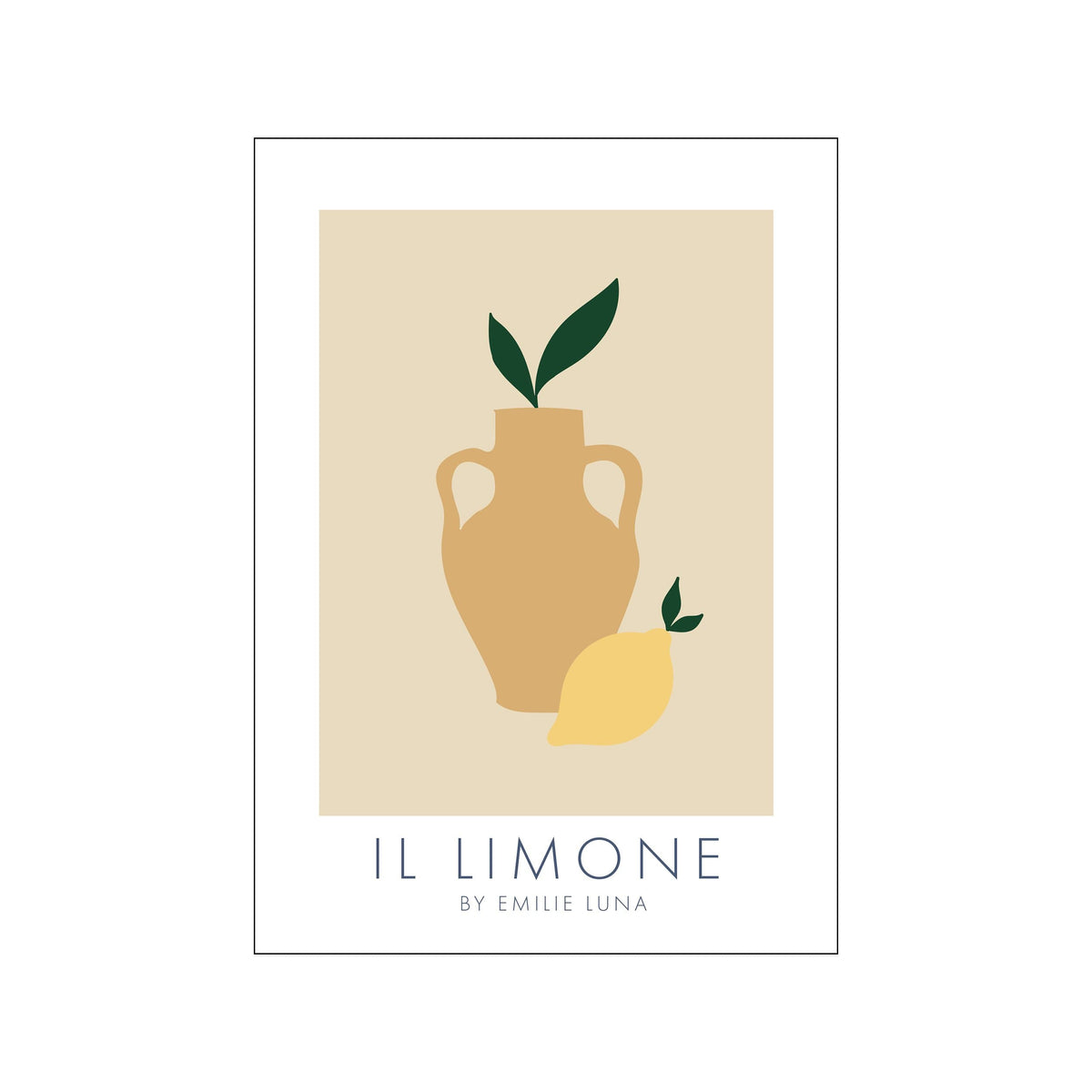 Minimal lemon and vase still life print with beige background, green leaves, and muted yellow accents