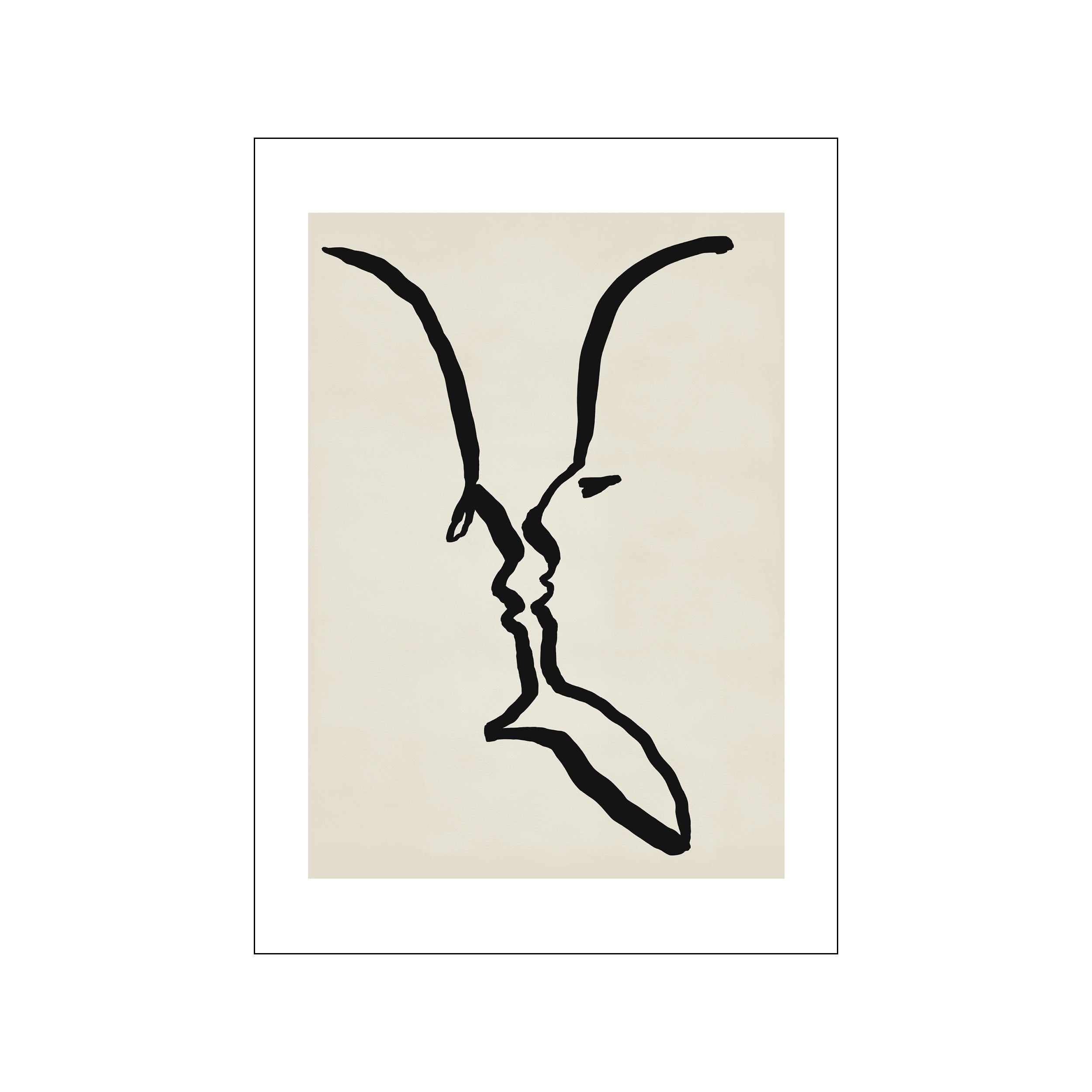 Abstract line drawing of two faces in profile, appearing to kiss or embrace, set against a soft cream background. The style is minimalist and evocative.