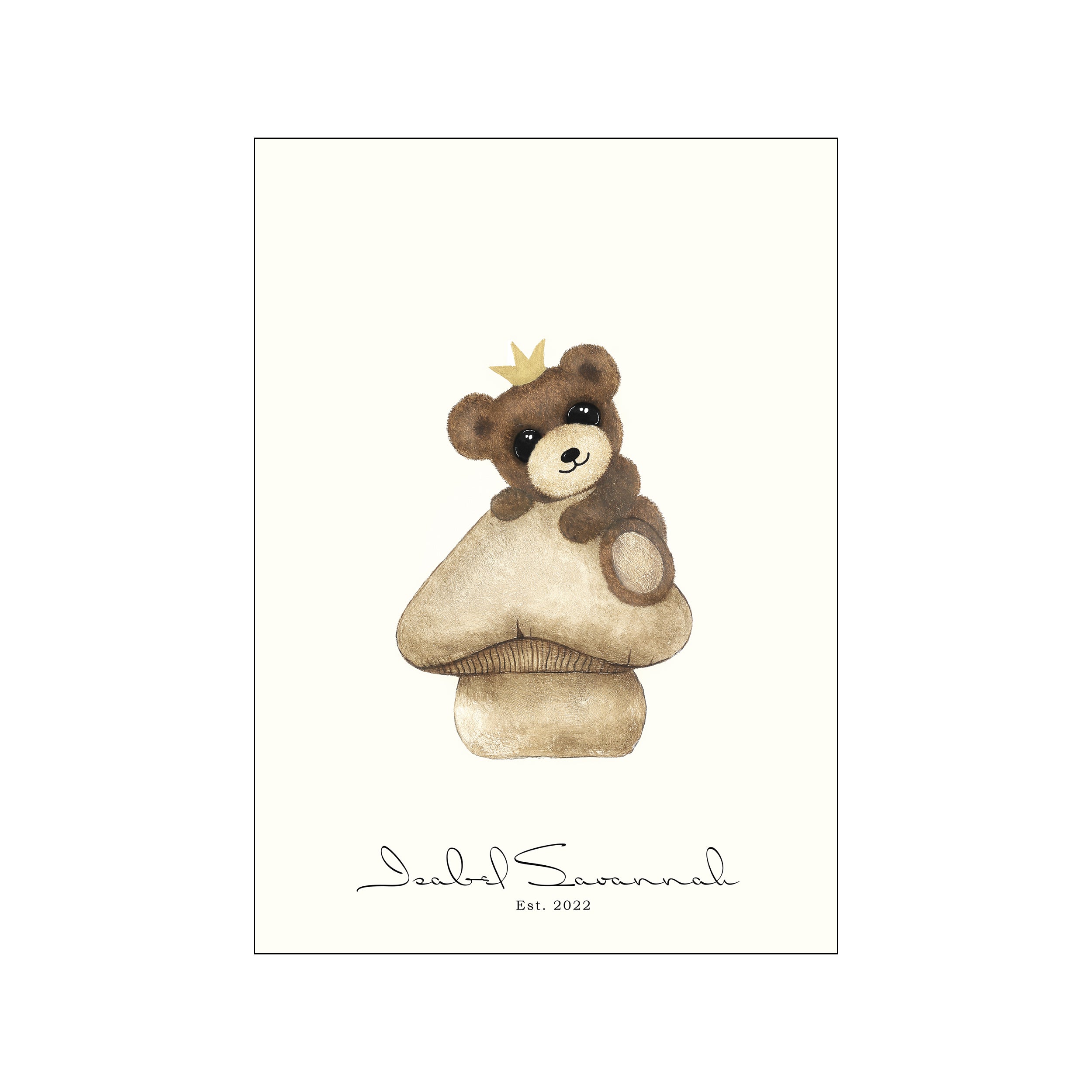 A whimsical watercolor illustration of a fluffy brown teddy bear wearing a small golden crown, playfully perched on top of a stylized mushroom against a creamy off-white background.