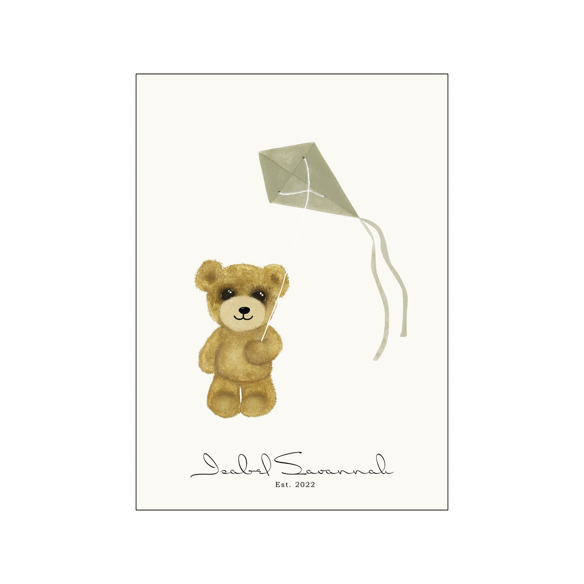 A watercolor illustration of a fluffy teddy bear holding the string of a sage green kite against a creamy off-white background, evoking a sense of gentle childhood playfulness.
