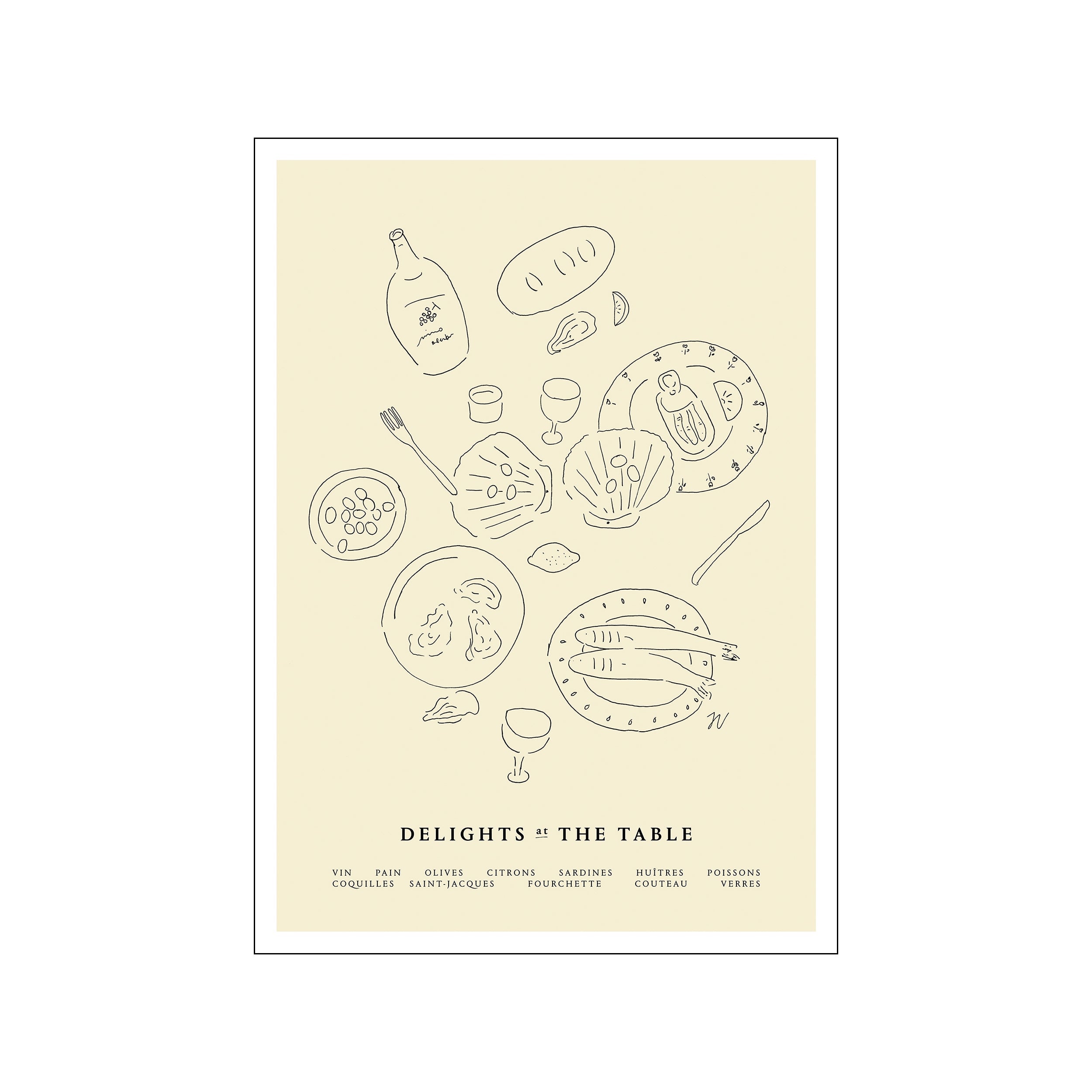 Minimal line art by Isabelle Vandeplassche depicting a French dining table with bread, wine, seafood, and tableware on a cream background.