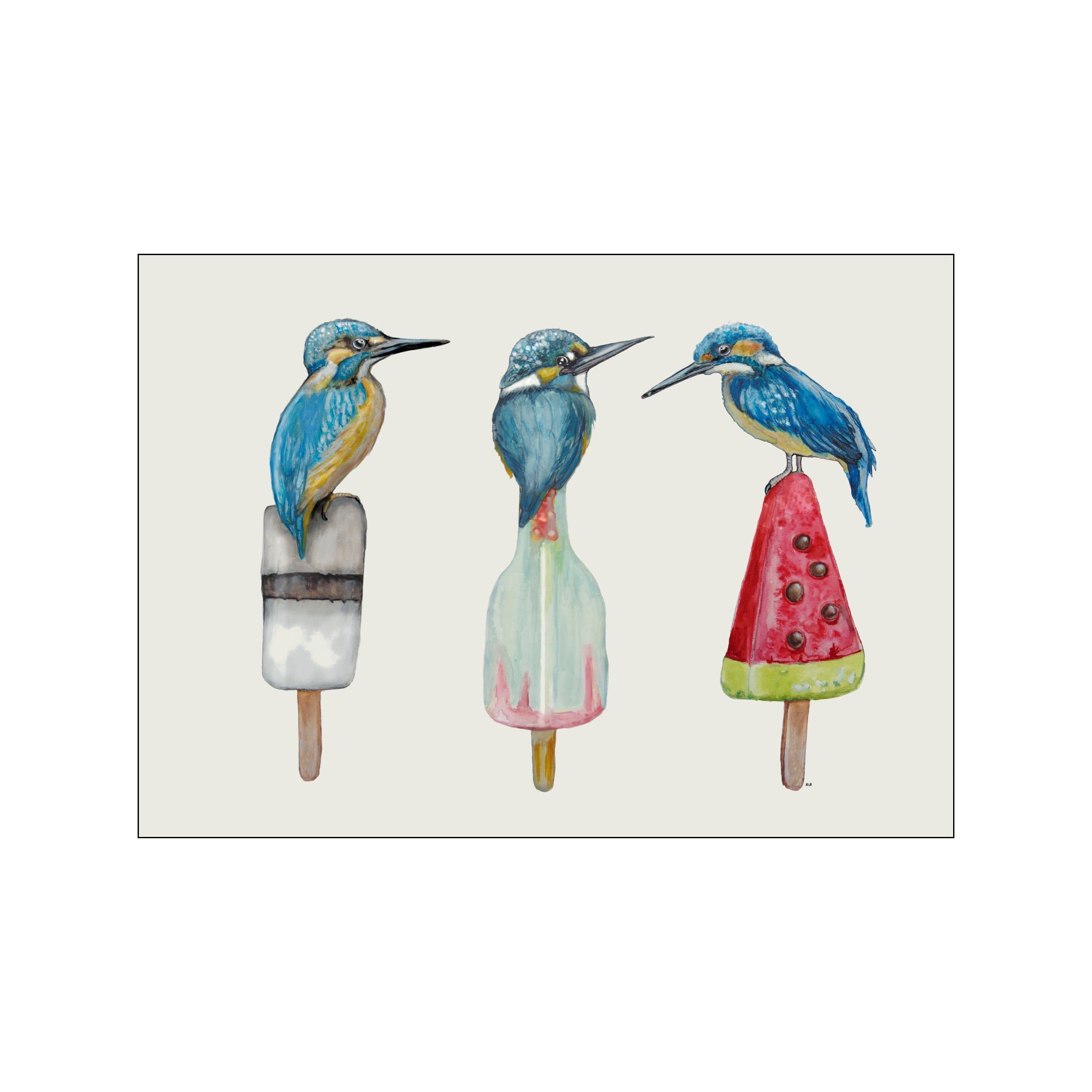 Three blue kingfishers perched on colorful popsicles against a soft neutral background