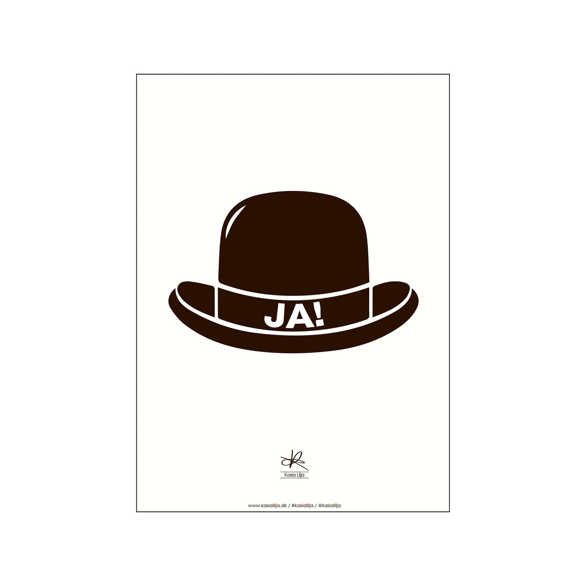 Minimal brown hat graphic with JA! text on a cream background, centered on the page