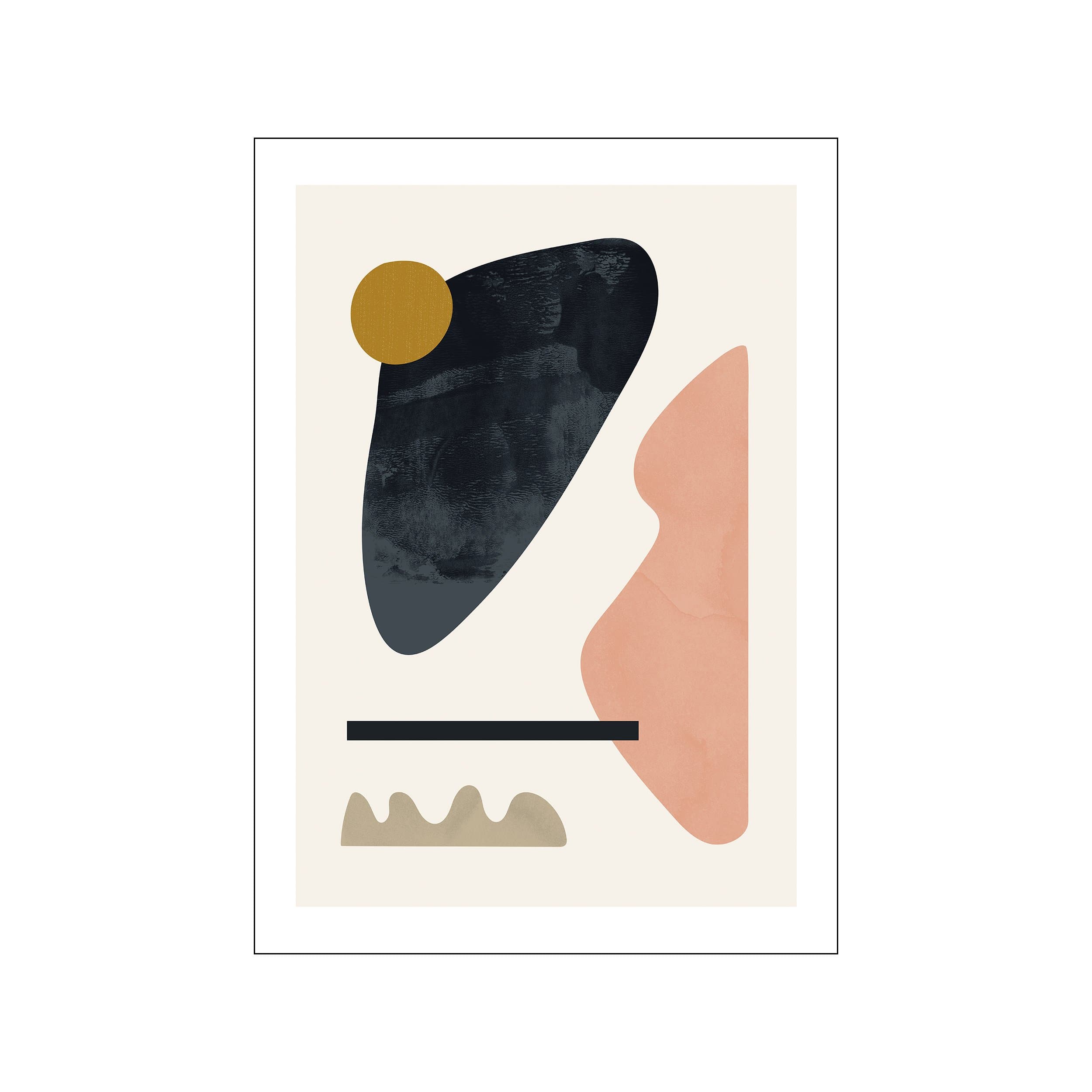 Abstract composition featuring a textured dark blue teardrop shape, a soft pink curved form, a golden circle, and a simple black line over wavy tan shapes on a cream background.