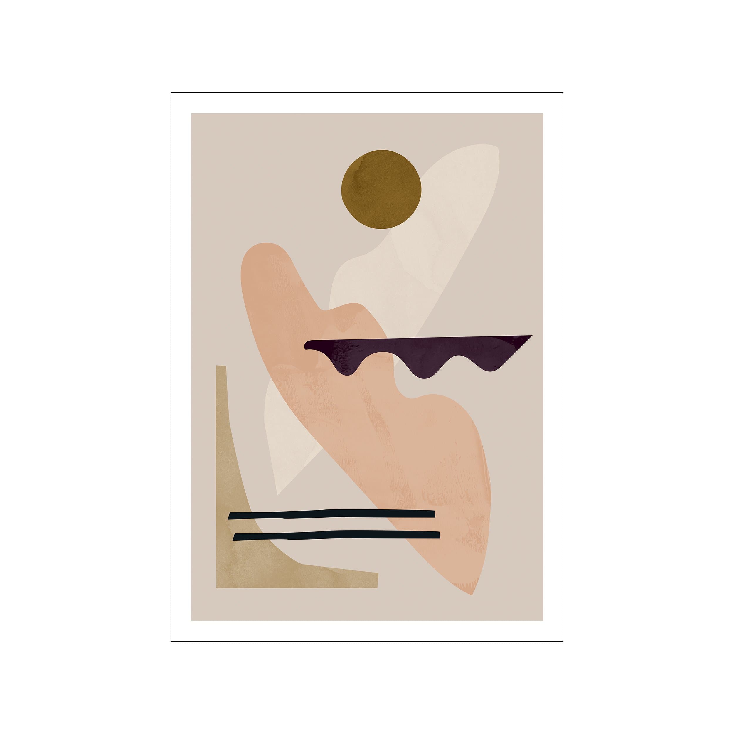 An abstract composition featuring flowing organic shapes in soft blush and taupe, layered with a dark aubergine curve and a circular golden element against a neutral background, exuding a calm and modern vibe.