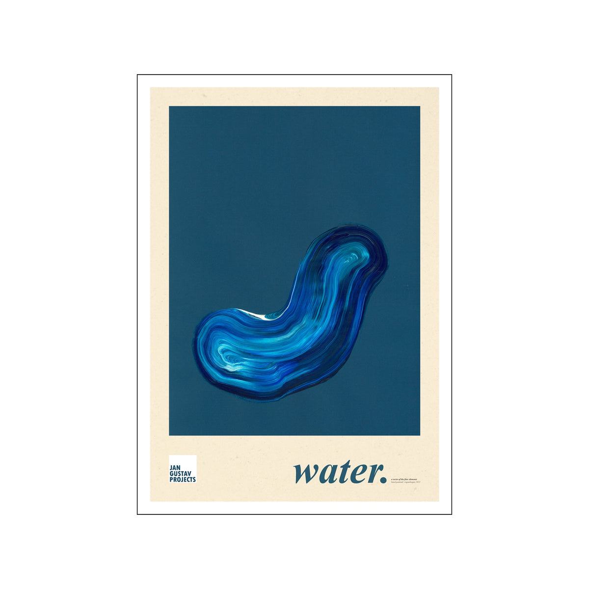 Framed abstract water form in layered blue and turquoise on a beige poster