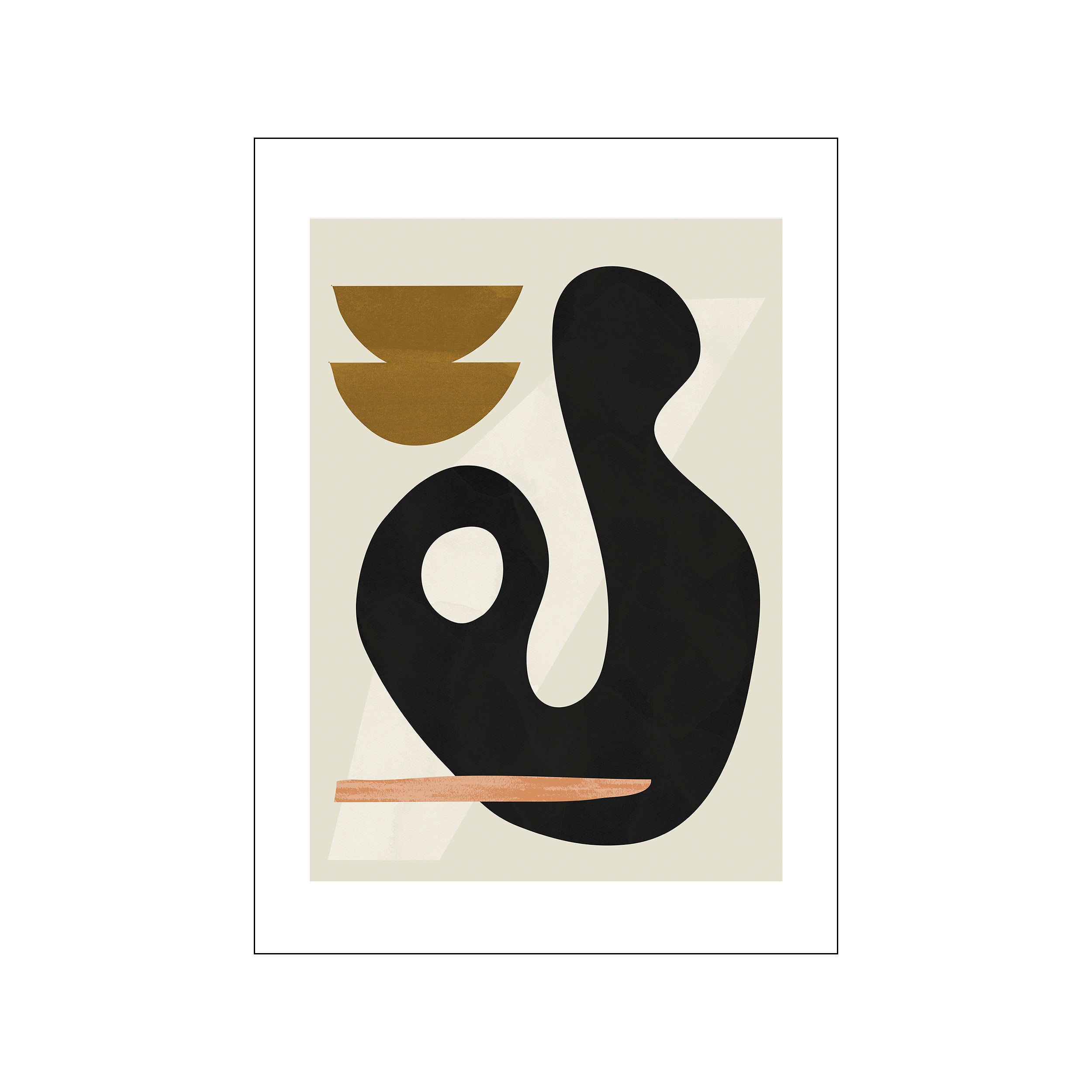 An abstract composition featuring organic, flowing shapes in black, ochre, and soft tan against a creamy background. A horizontal terracotta element grounds the design, creating a modern, gallery-worthy visual.