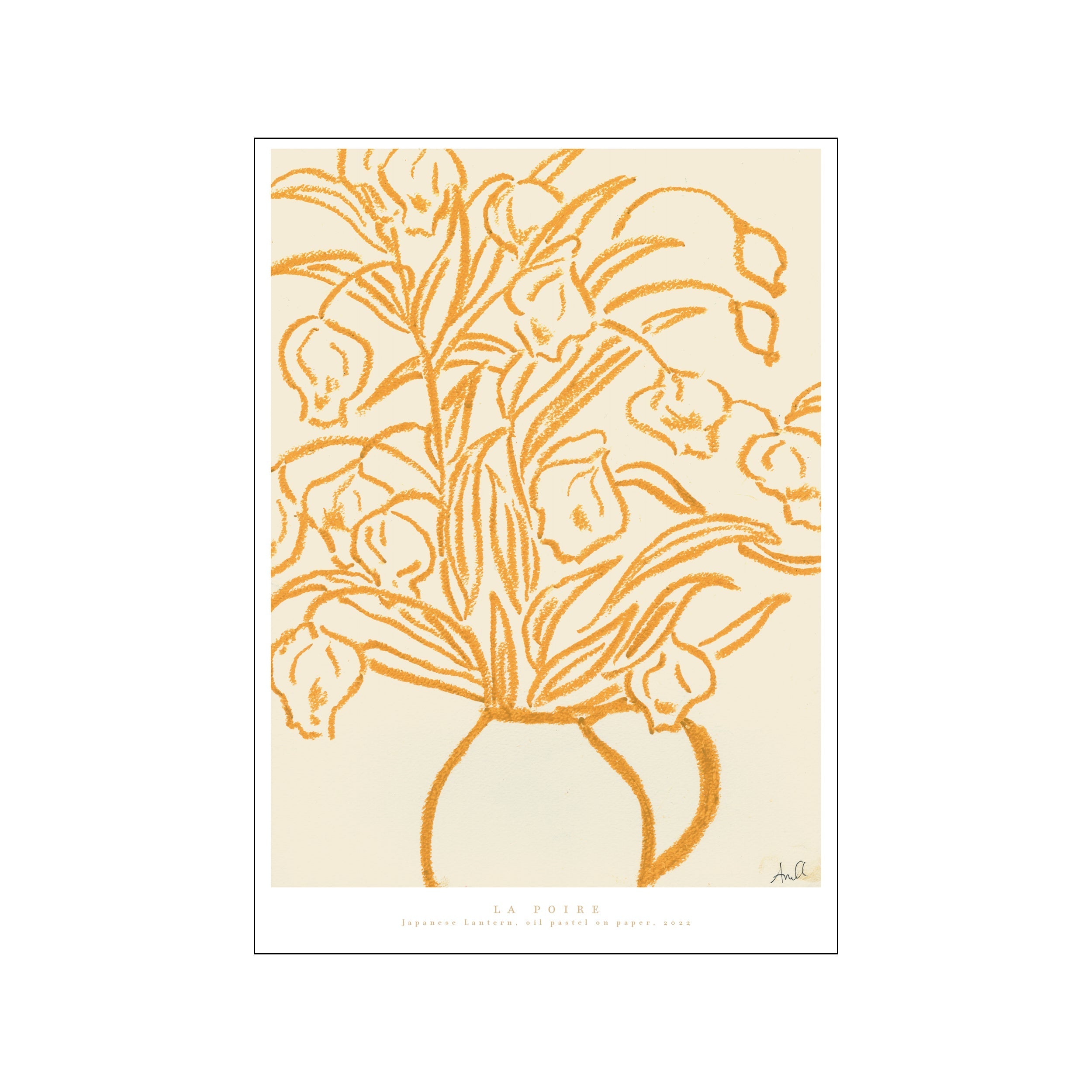 Delicate, flowing lines in warm ochre depict stylized Japanese lantern flowers cascading from a vase against a creamy background, evoking a gentle spring atmosphere.
