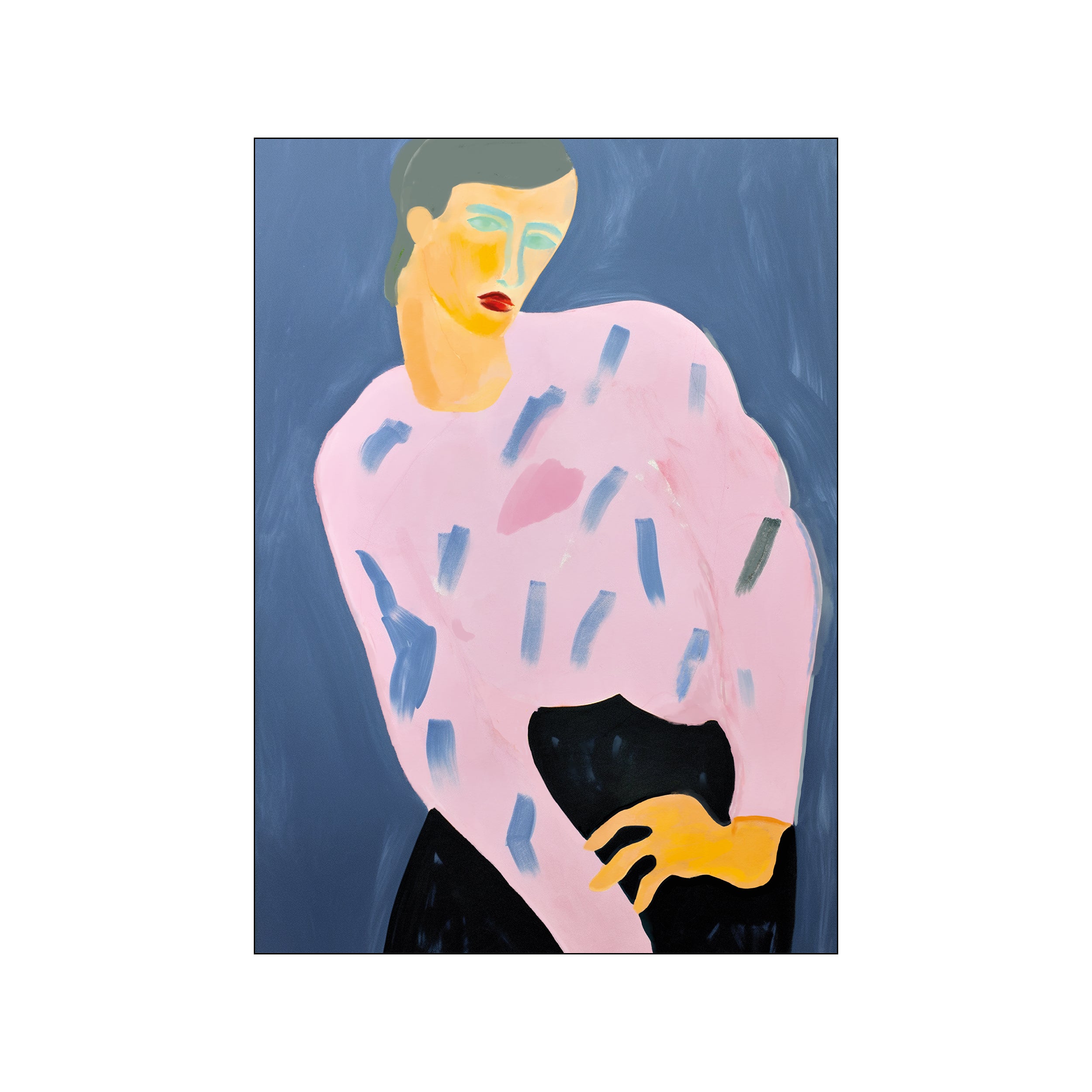 A figure in a pink sweater with blue strokes against a blue background, rendered in a painterly style with striking yellow skin and red lips.