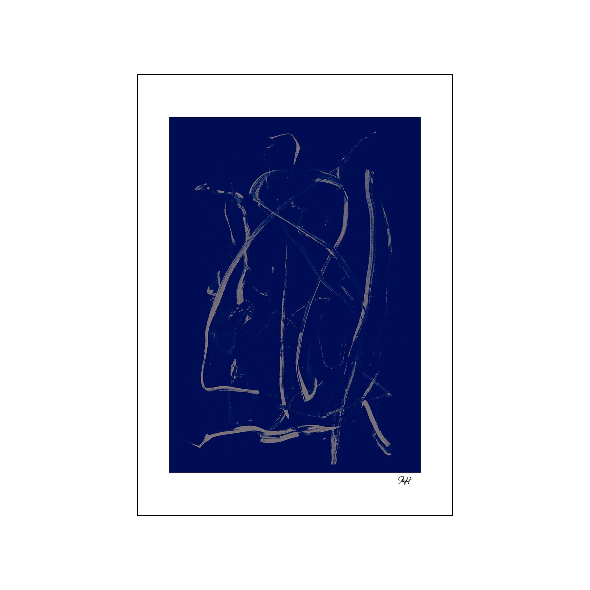 Abstract composition with energetic, gestural strokes in a pale tone overlapping on a deep midnight blue background, creating a sense of movement and depth.