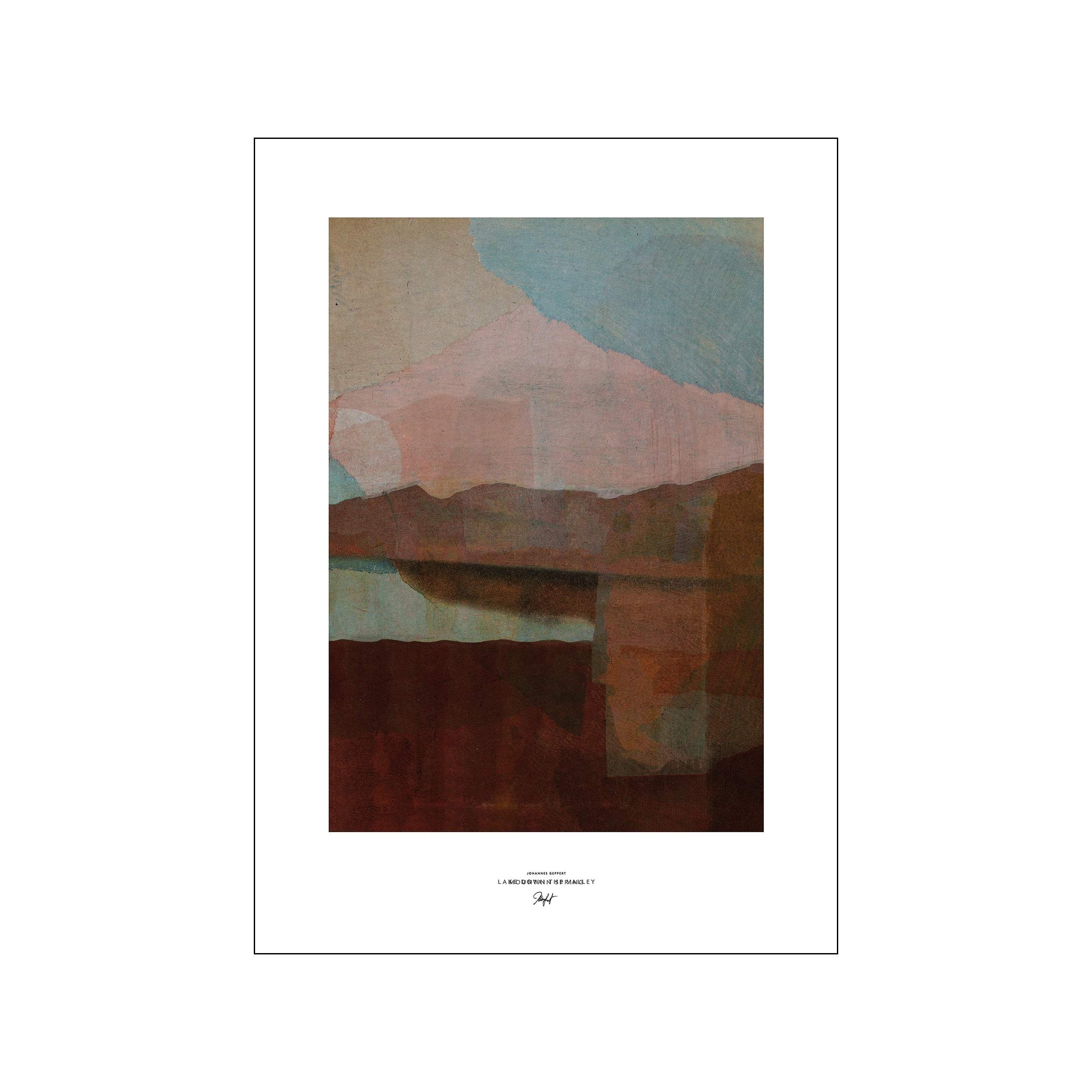 An abstract landscape with textured layers of earthy browns, rust, soft pink, and muted blues, evoking rolling hills and a hazy sky, creating a calm and sophisticated atmosphere.