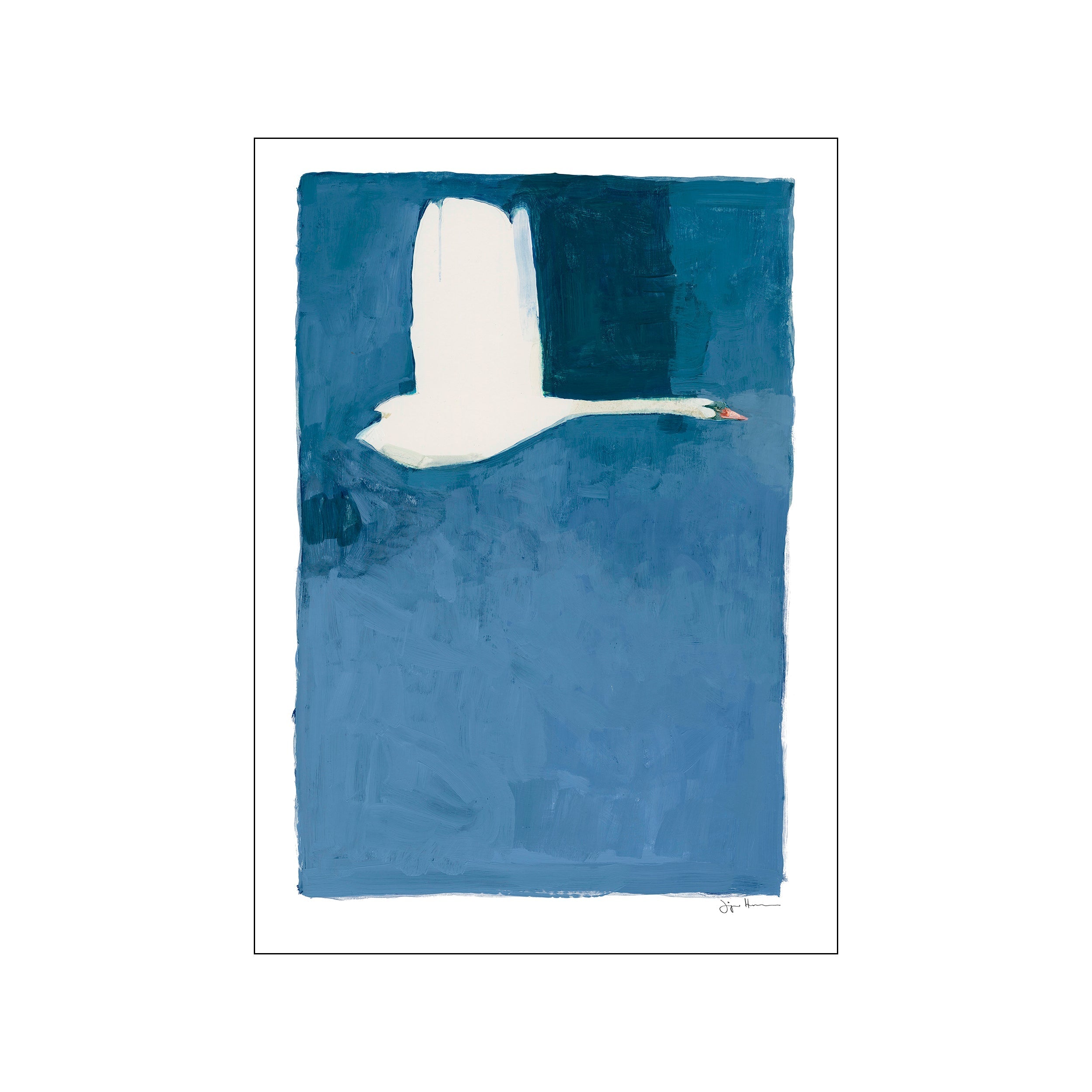 White swan in profile floating across layered blue painted fields on a white border