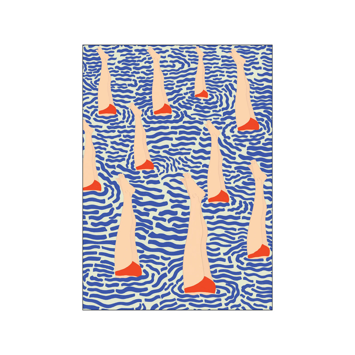 Abstract print of swimmer legs over blue wave-like pattern with red accents