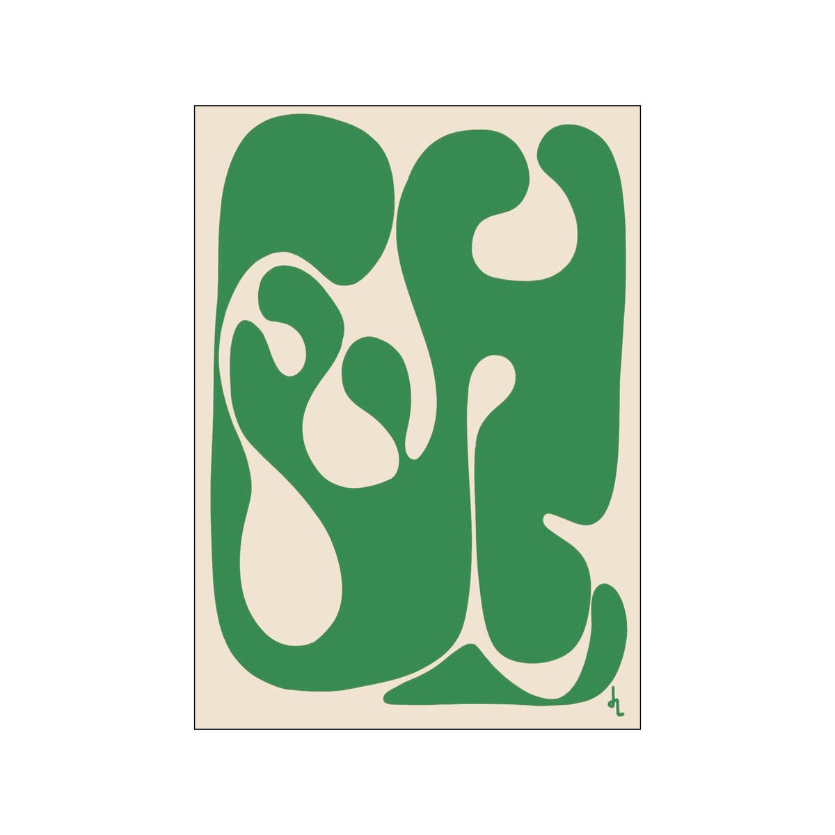 Abstract art print with rounded green forms on a cream background and a small signature