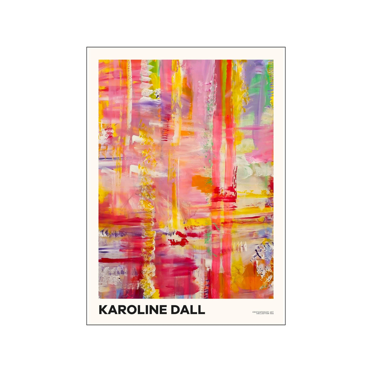 Abstract art print with layered pink, yellow, lilac, and coral vertical brushstrokes