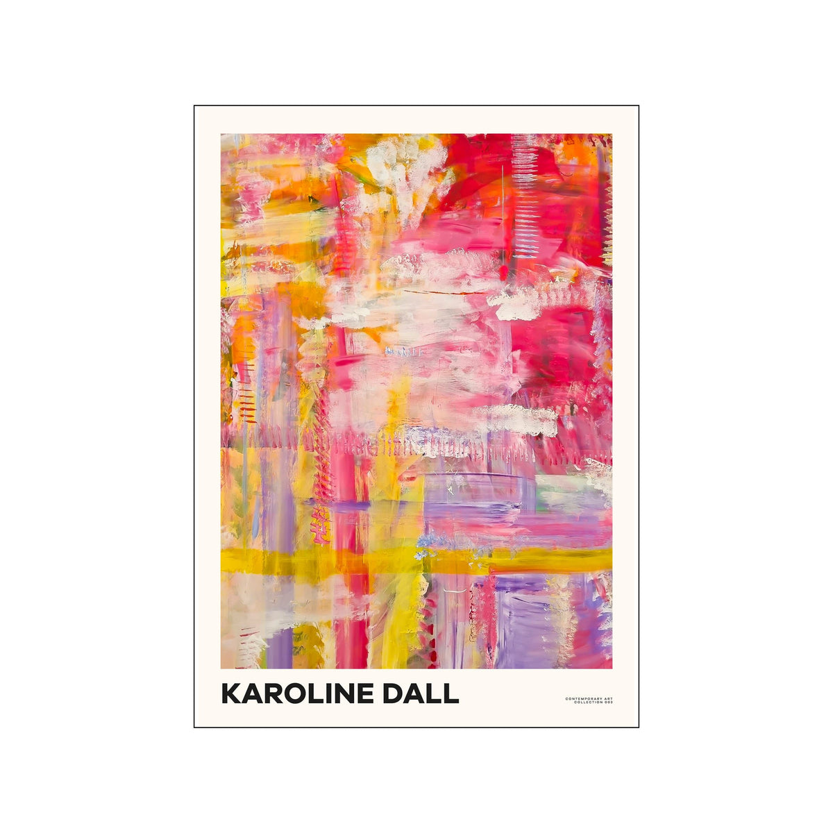 Abstract print with layered pink, yellow, orange, and lavender brushstrokes by Karoline Dall